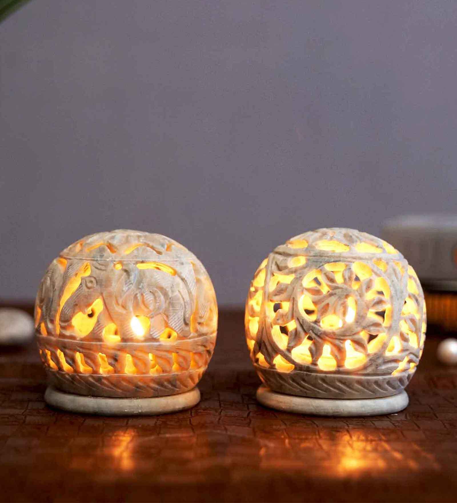 Grey Soapstone (Set of 2) Table Tealight Holder With Candles