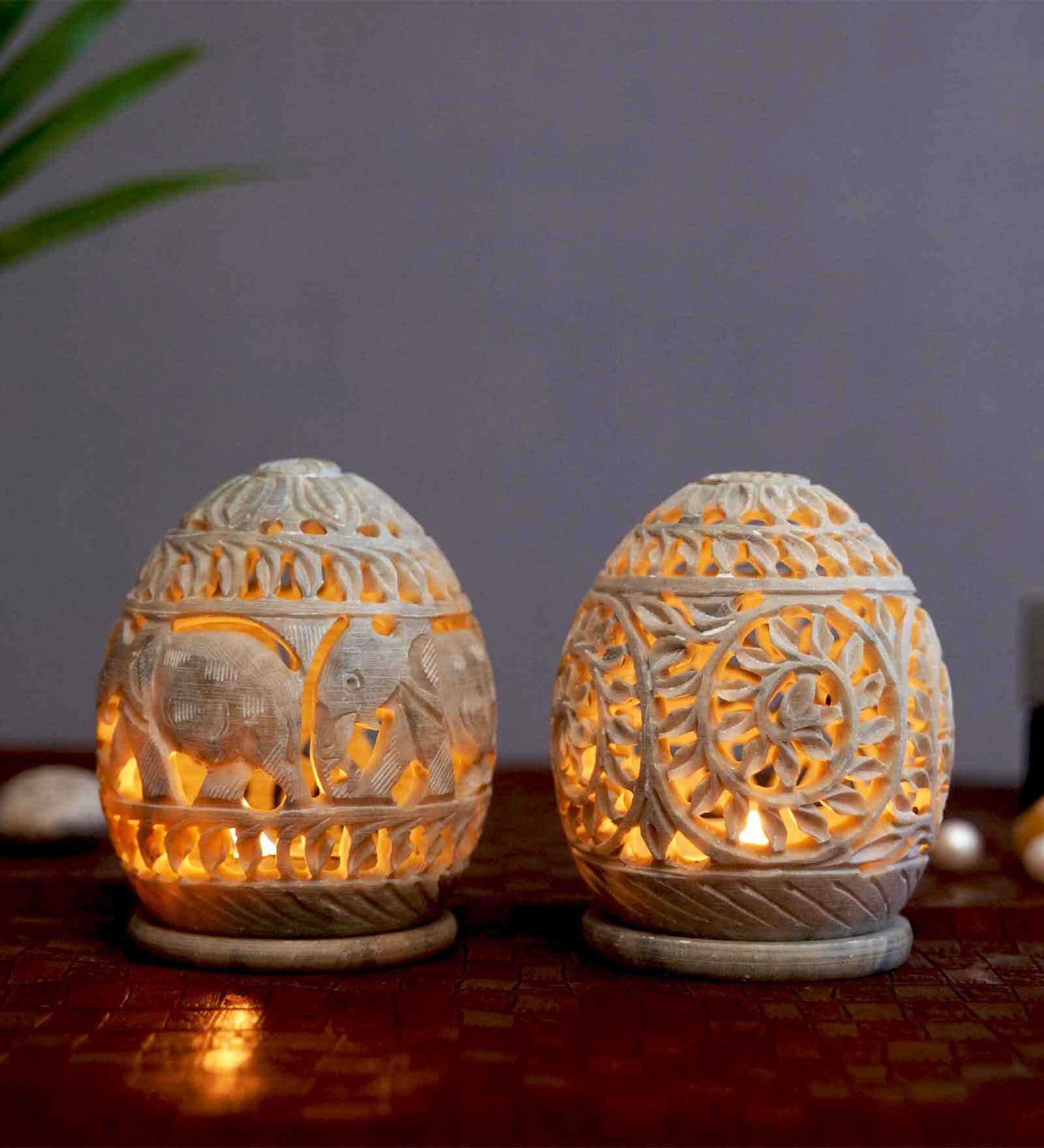 Grey Soapstone (Set of 2) Table Tealight Holder With Candles