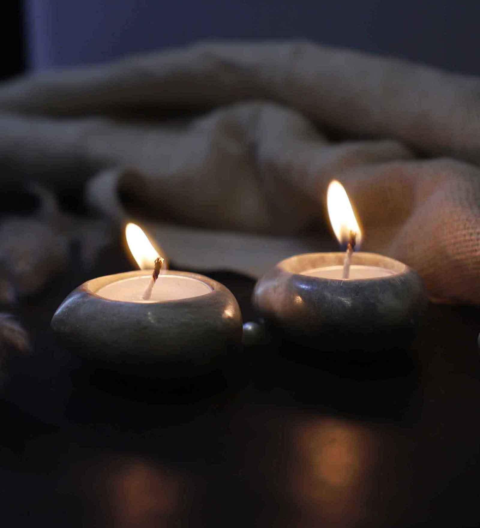 Grey Soapstone Table Tealight Holder With Candles