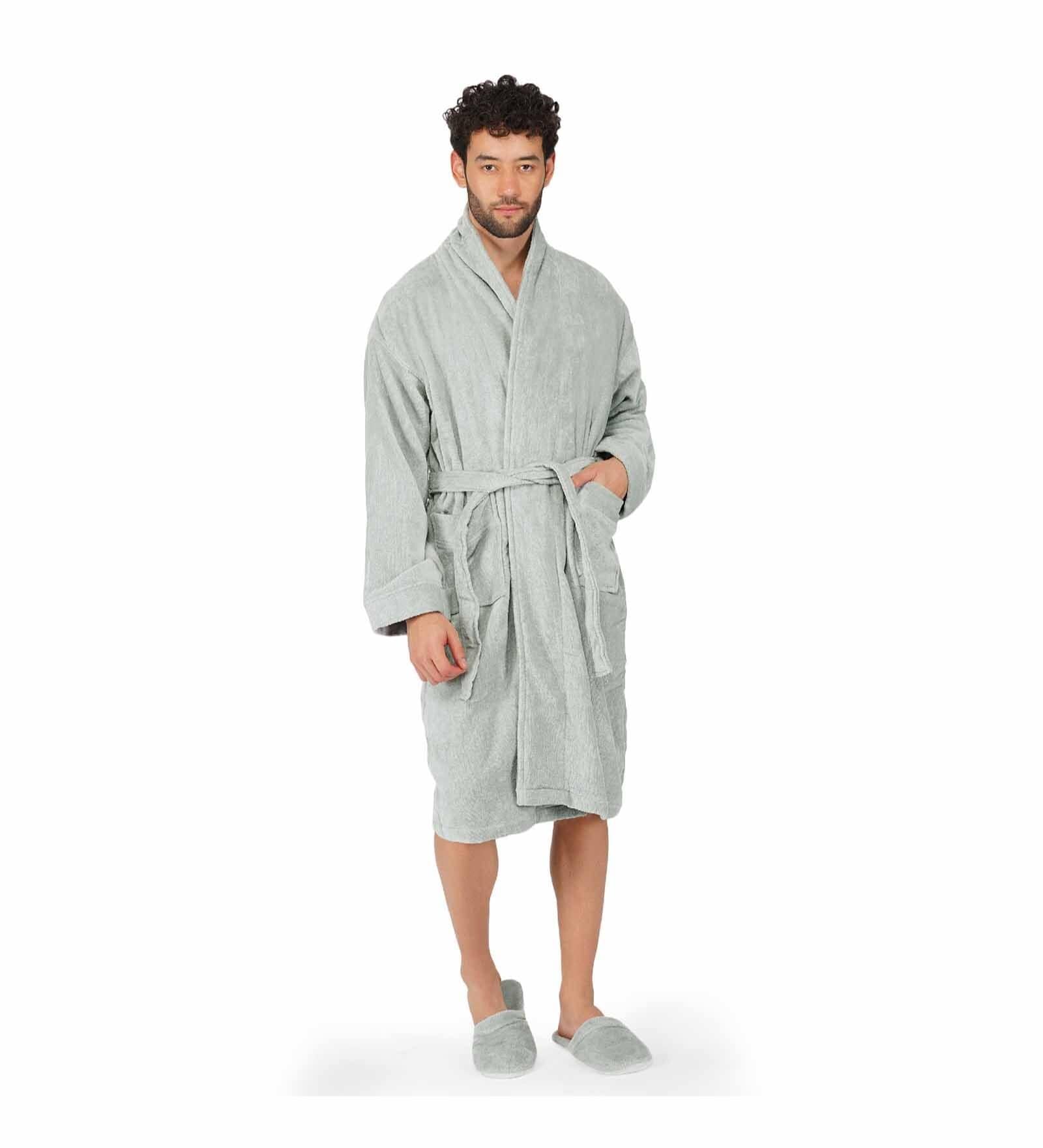 Grey Solid 100% Cotton Men Bathrobe With Slippers (XL)