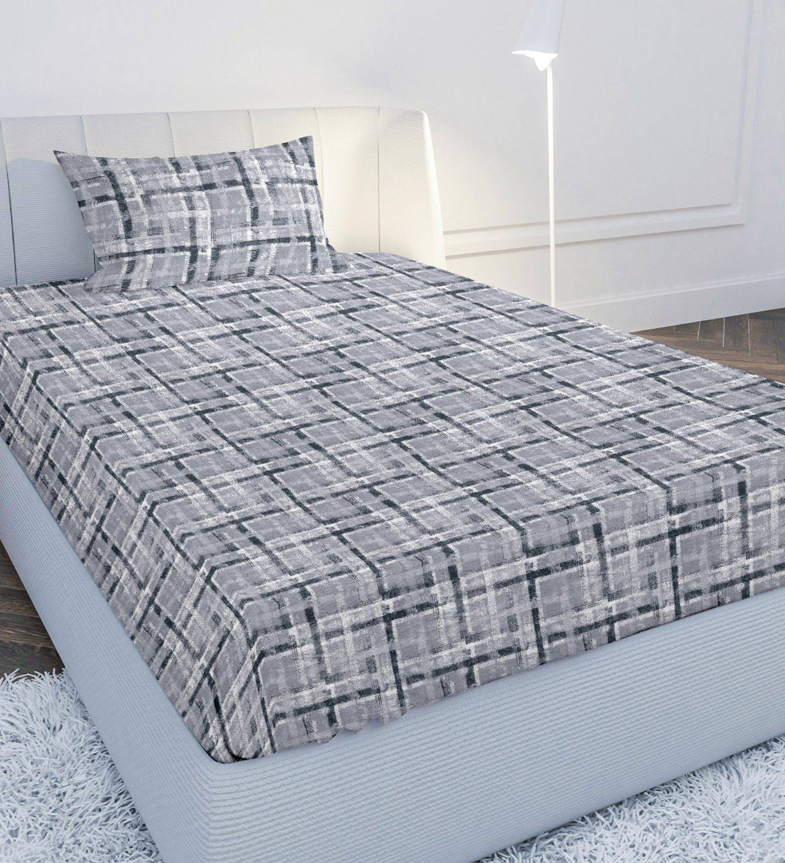 Grey Geometric 120 TC Cotton Single Bedsheet with 1 Pillow Cover