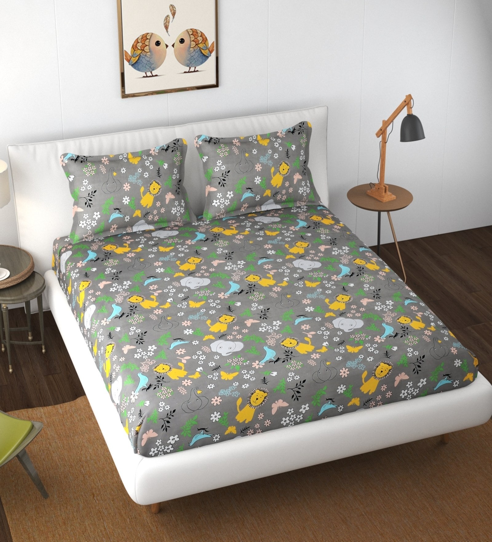 Grey Astract 144 TC Polyester King Bedsheet With 2 Pillow Covers