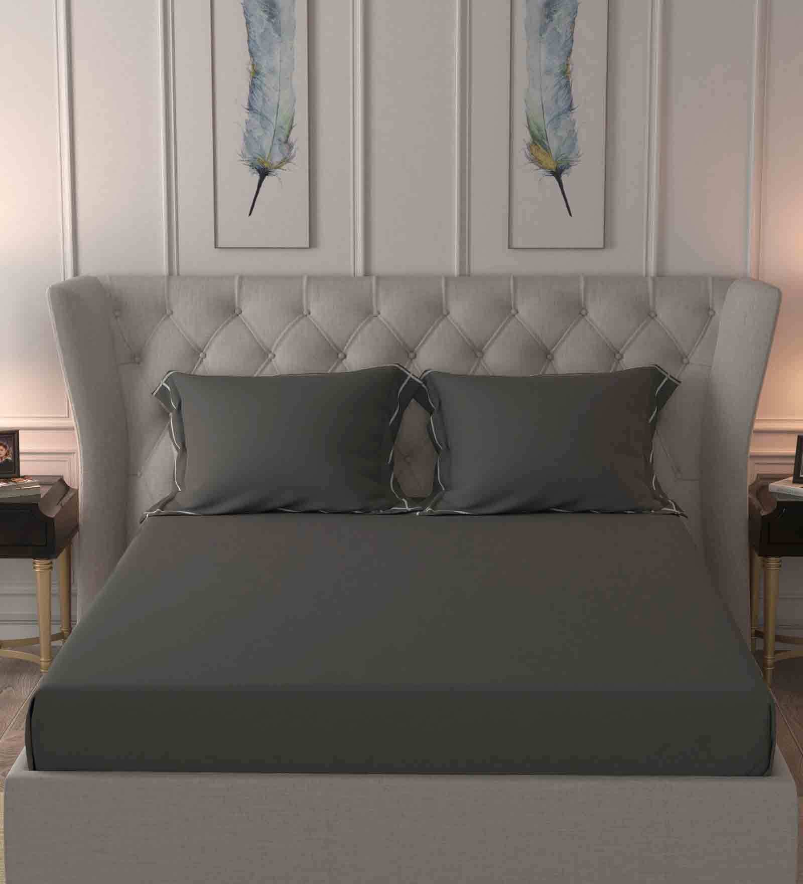 Grey Solid 200 TC Cotton Satin 1 Double King Size Bedsheet With 2 Pillow Covers