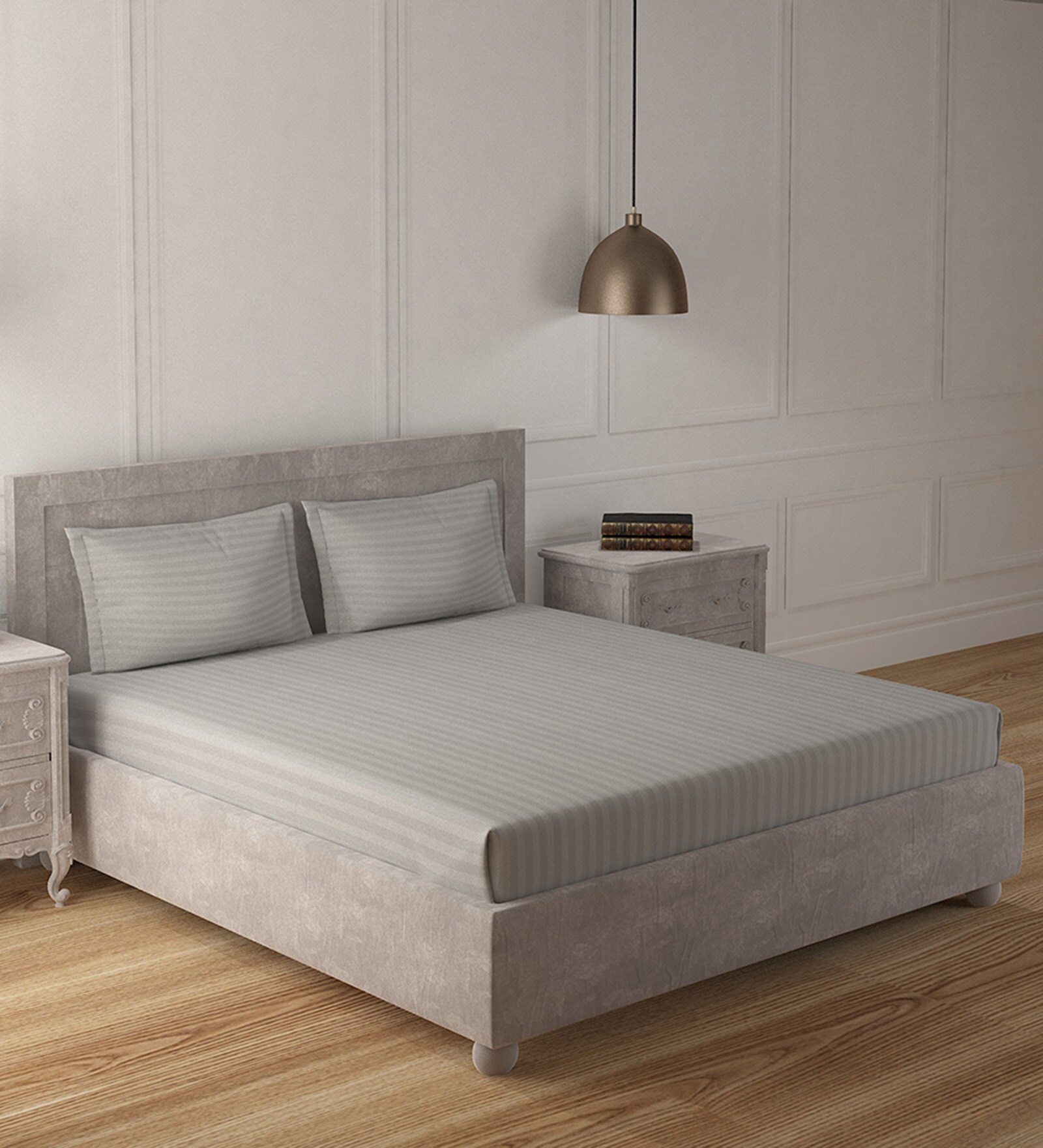 Grey Solid 210 TC 100% Cotton King Sized Fitted Bed Sheets with 2 Pillow Covers