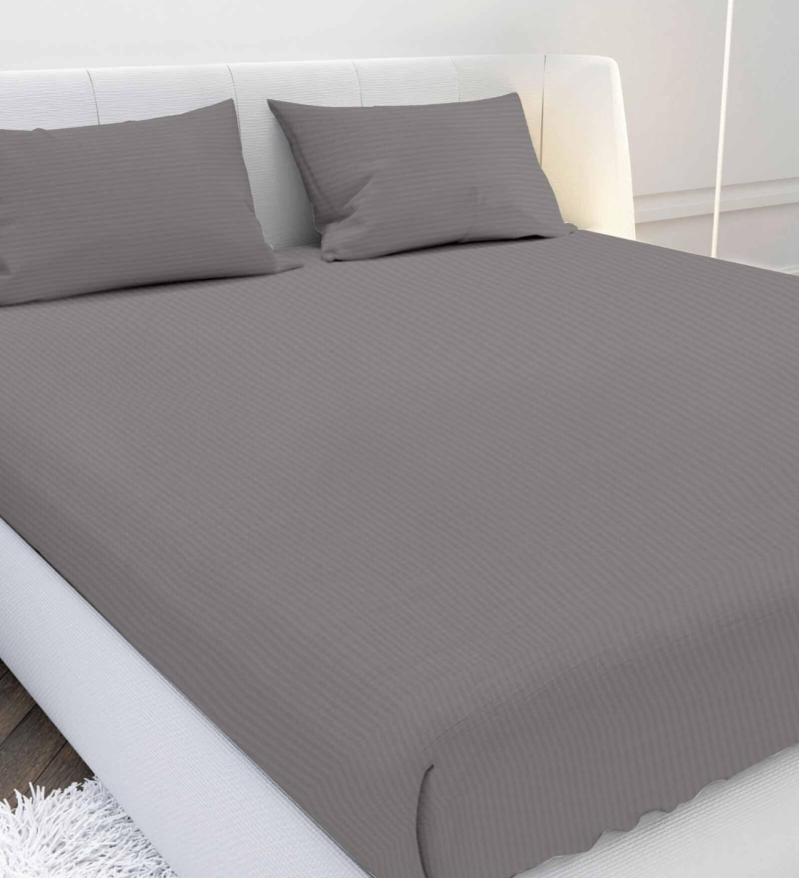 Grey Solid 210 TC Cotton Queen Sized Double Bedsheet with 2 Pillow Covers Satin Stripe 2024 Collection