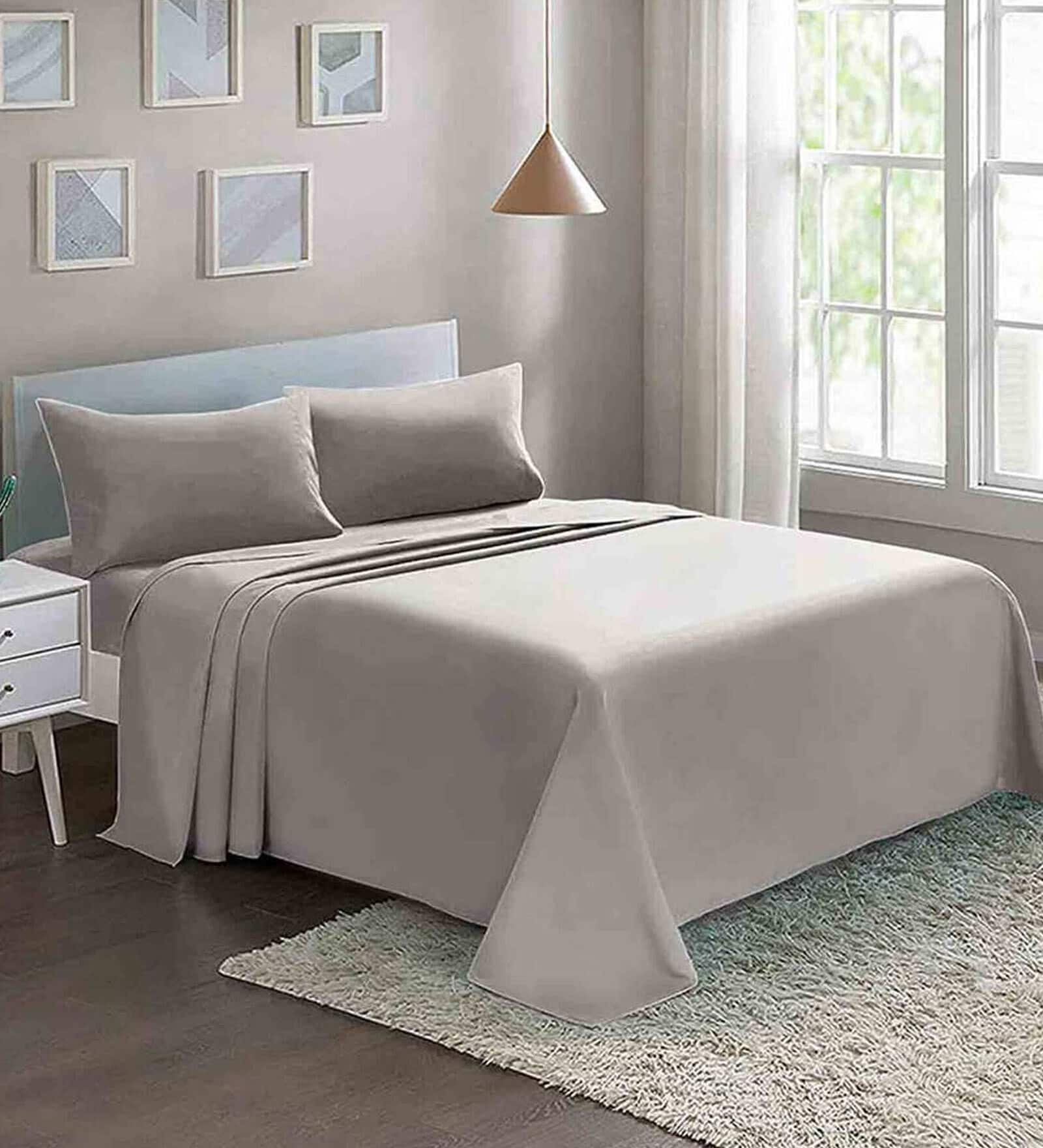 Taupe Solid 220 TC Polyester Queen Sized Bed Sheets with 2 Pillow Covers