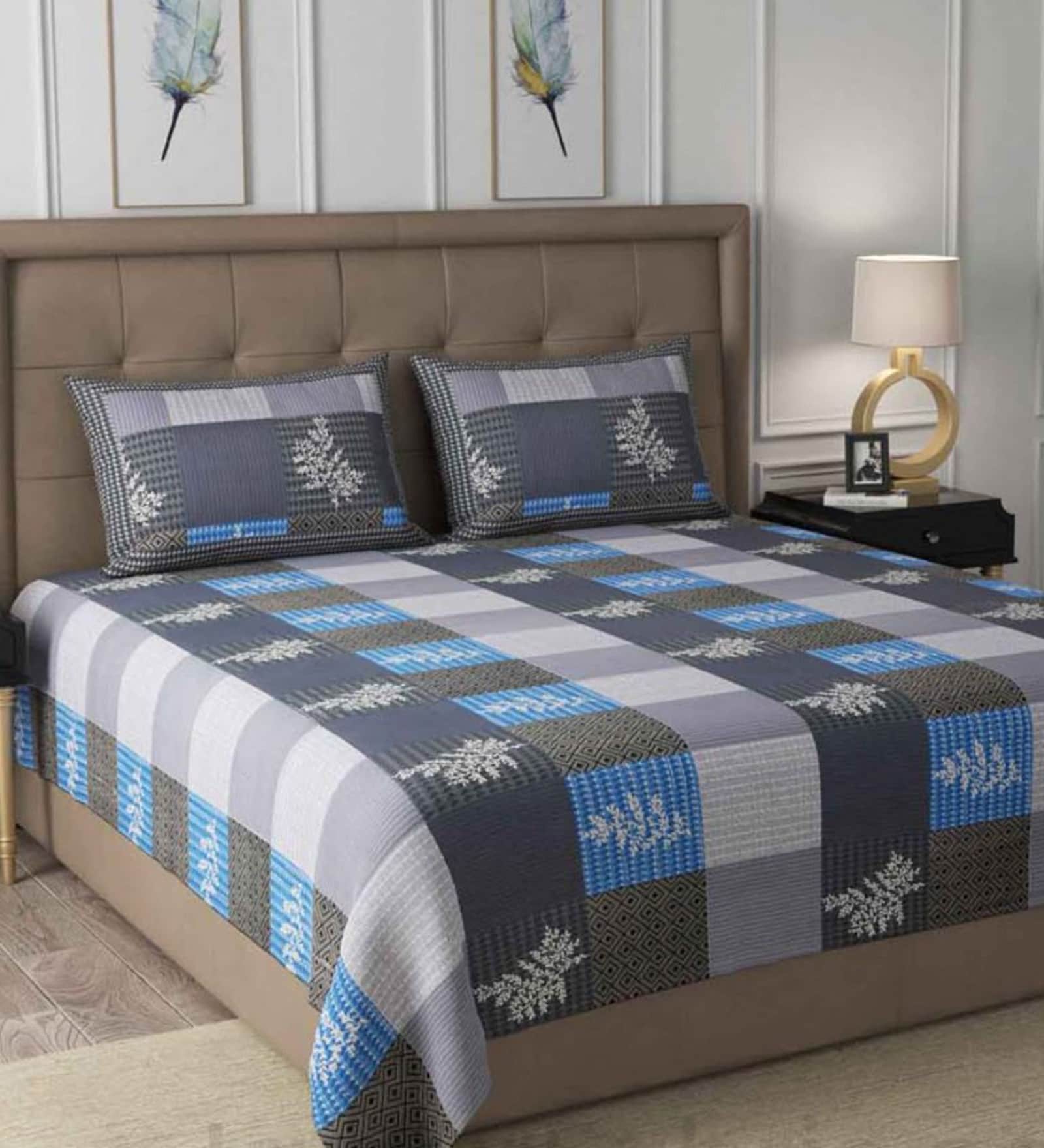 Grey Checkered 240 TC Cotton King Sized Bed Sheets with 2 Pillow Covers