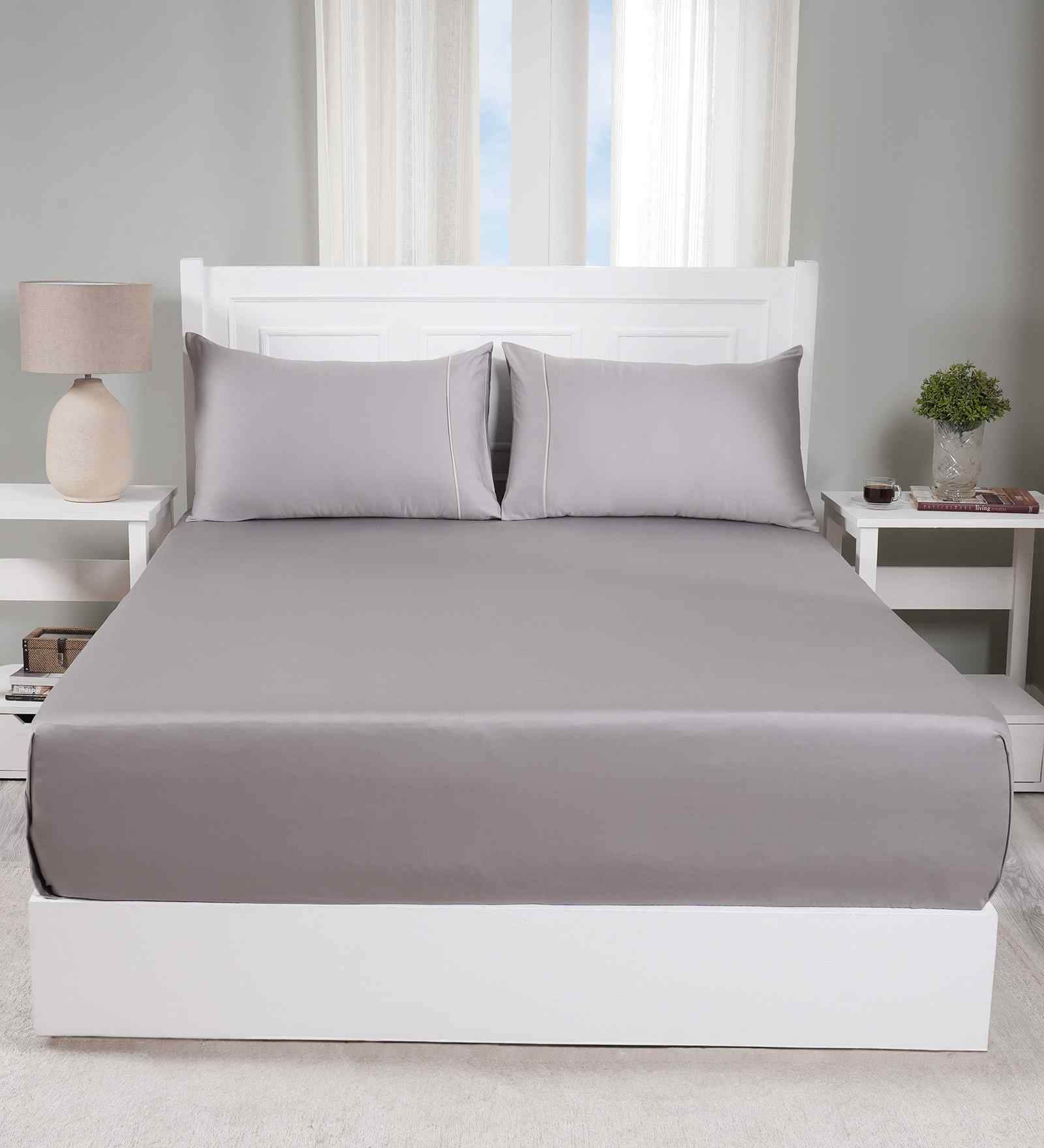 Grey Solid 300 TC Cotton Single Bed Sheet with 1 Pillow Cover 24 Collection