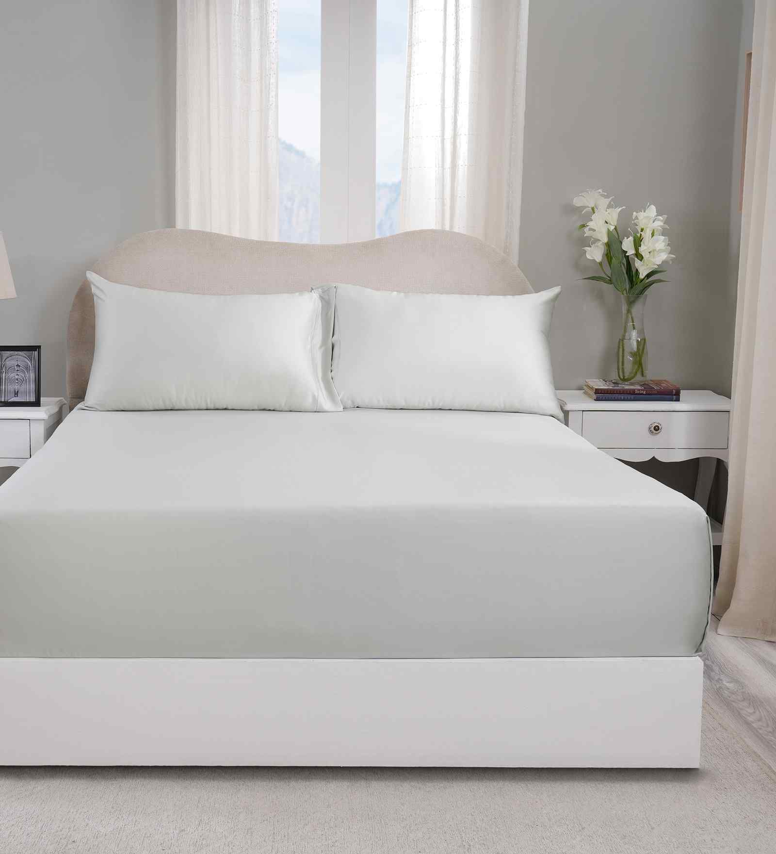 Grey Solid 300 TC Tencel King Size Bed Sheet with 2 Pillow Covers 24 Collection