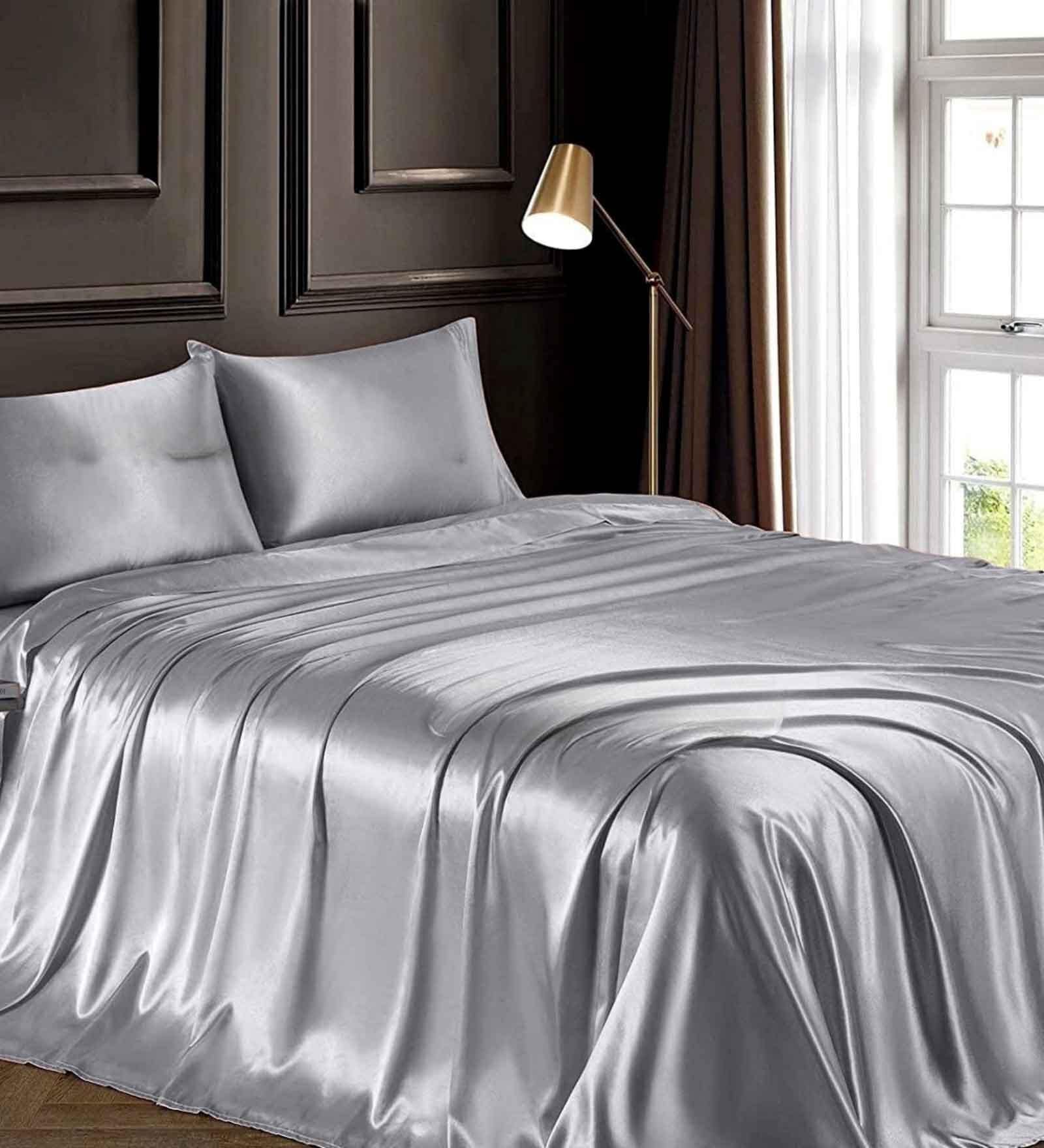 Grey Solid 400 TC Satin Queen Fitted Bedsheet with 2 Satin Pillow covers