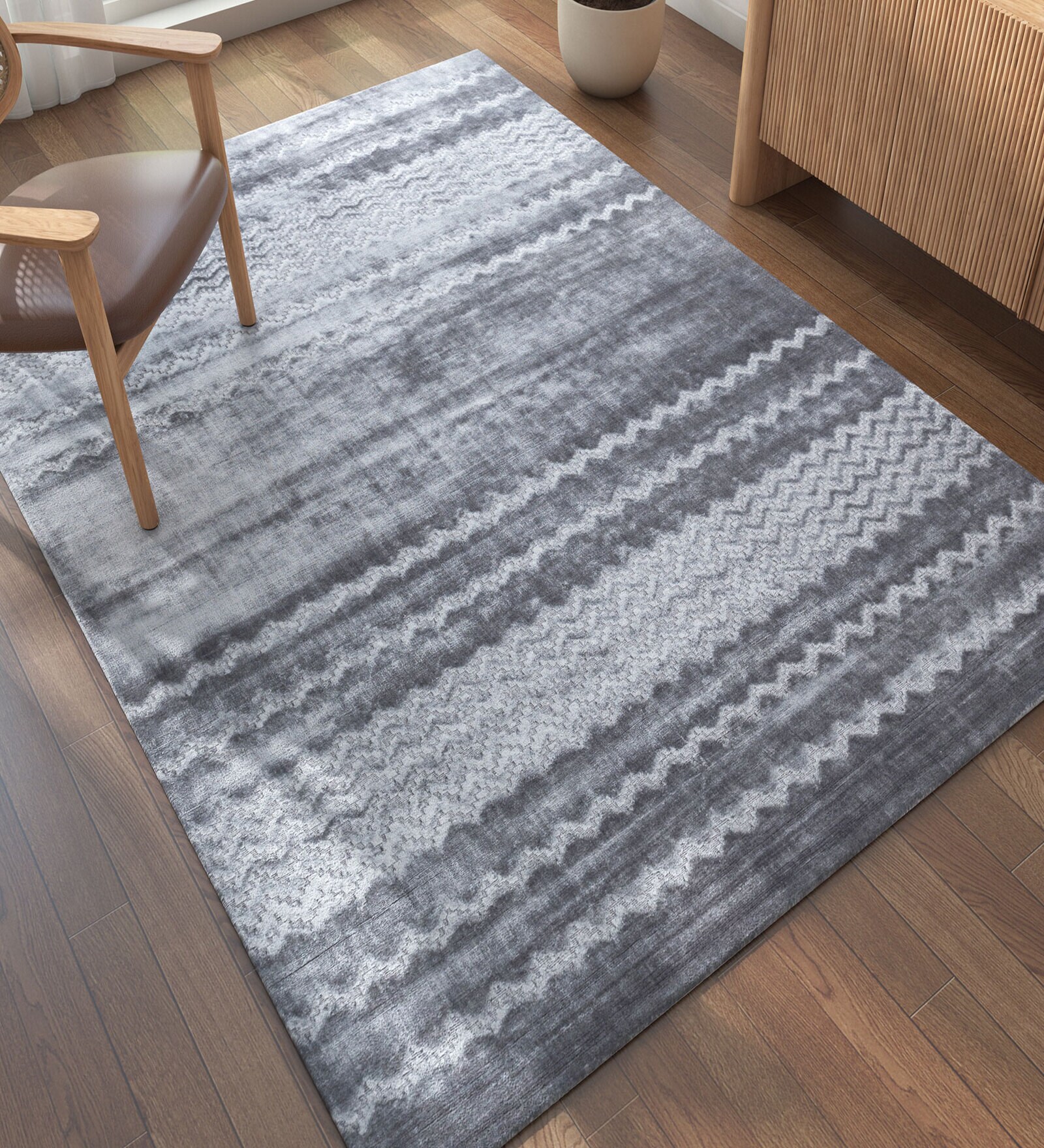 Grey Solid Bamboo Silk 6 ft X 9 ft Hand Woven Carpet