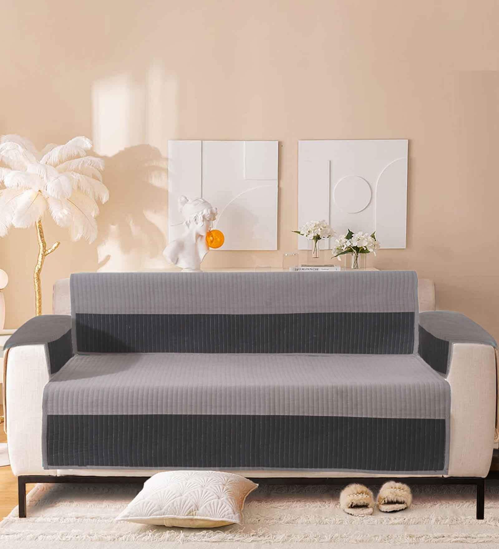 Grey Solid Cotton 2 Seater Sofa Cover with Arm Rest Cover