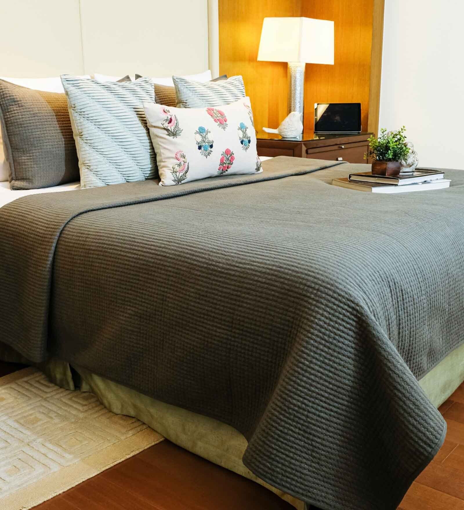 Buy Grey Solid 180 TC Cotton Double Bed Cover with 2 Pillow Covers by