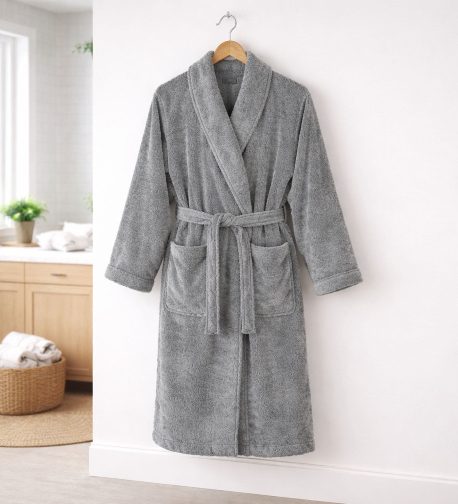 Grey Solid Cotton Men Bath Robe With Belt (L)