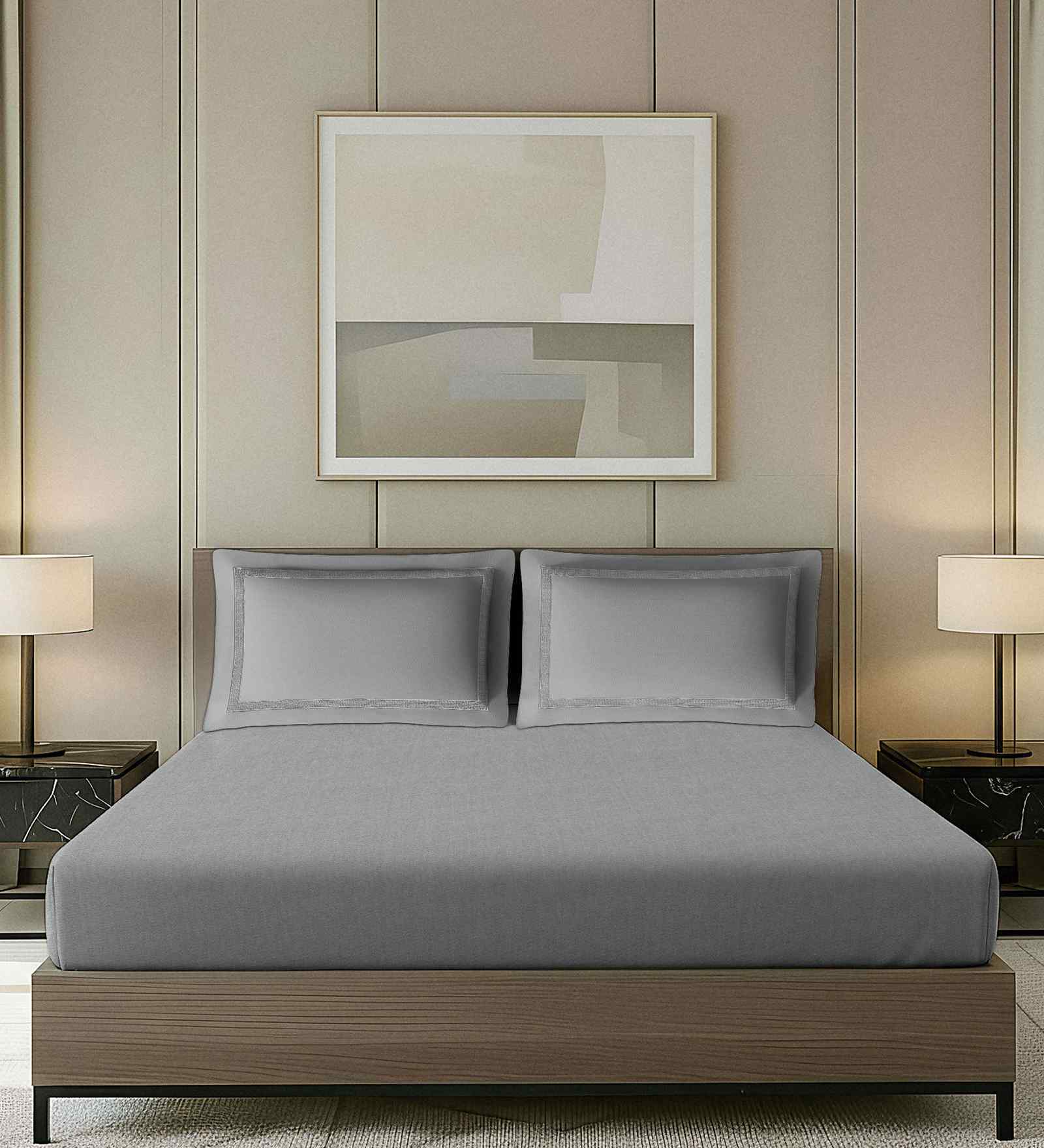 Grey Solid Grey With Geometric Embroidery 700 TC Cotton King Double Bedsheet With 2 Pillow Covers