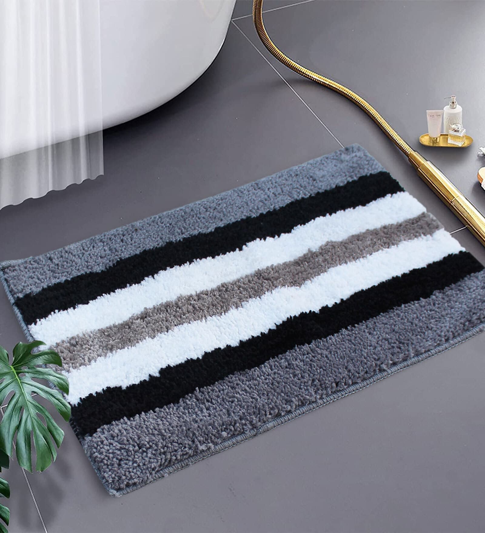 Grey Striped Microfibre 23x15 Inches AntiSkid Bath Mat