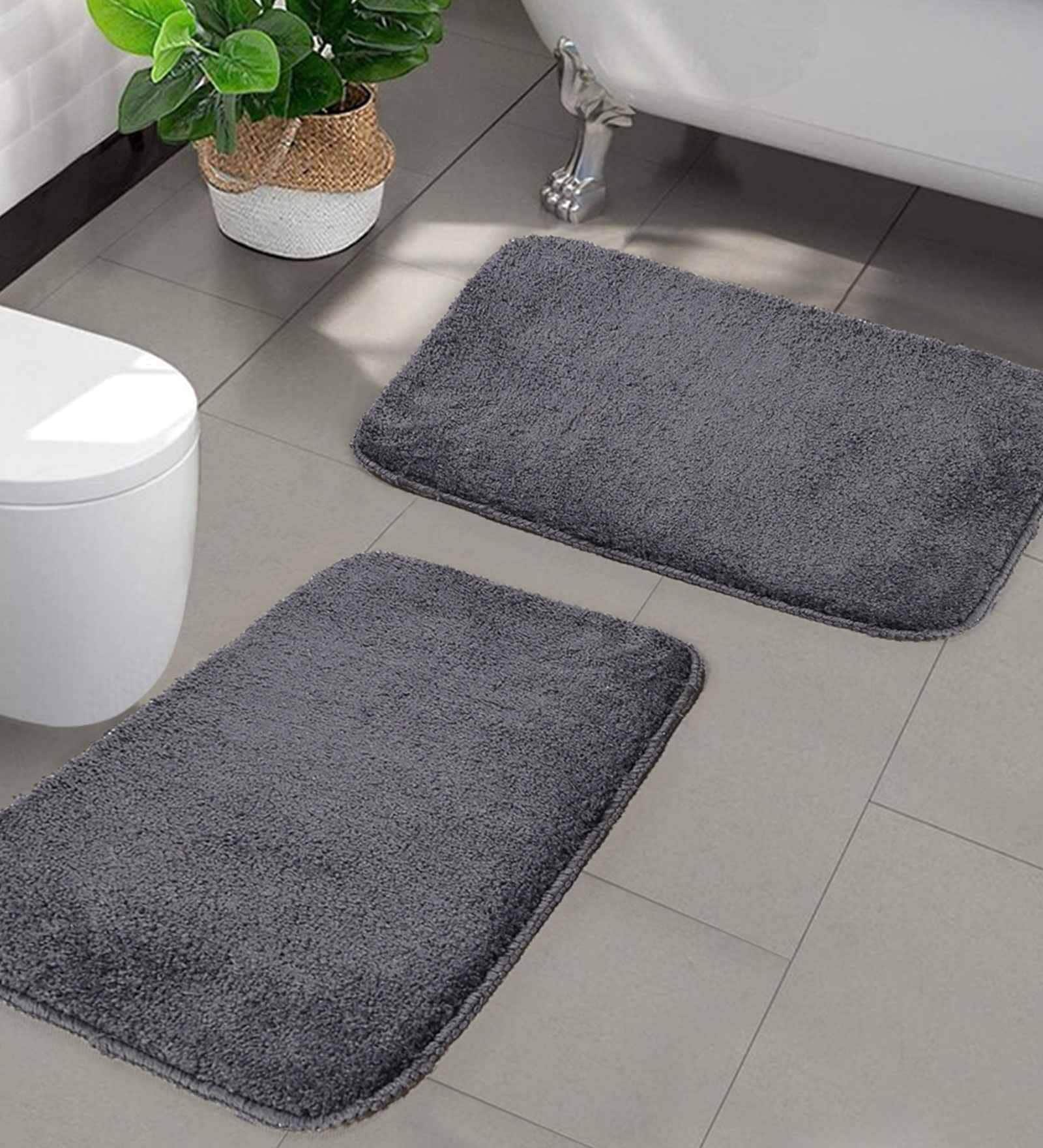 Grey Solid Microfibre 24x16 Inches AntiSkid Bath Mat (Set of 2)