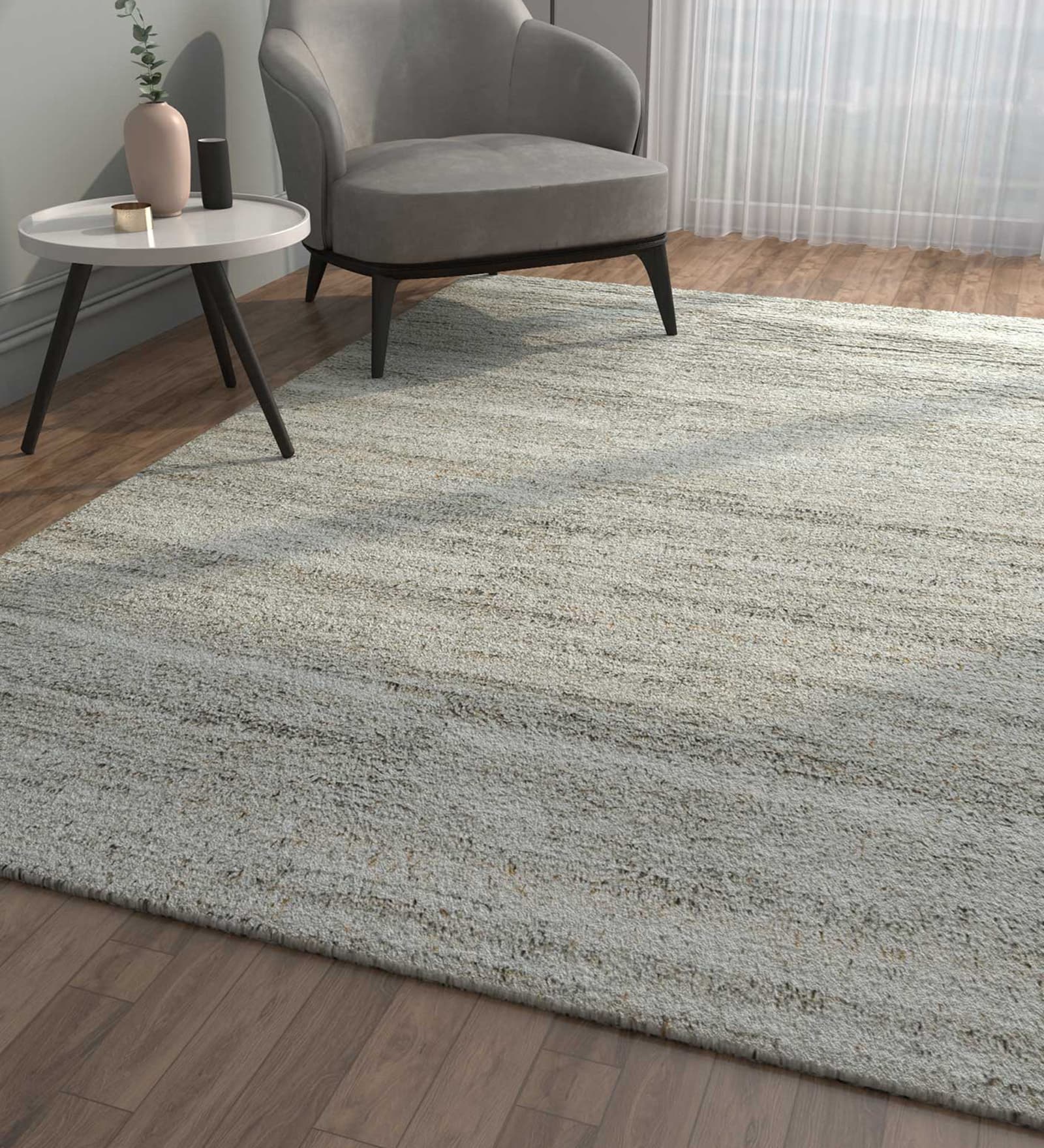 Grey Solid Polyester 4 ft x 6 ft Hand Knotted Carpet