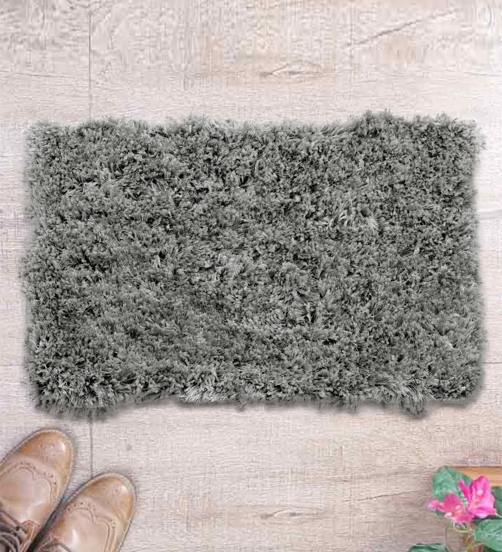 Grey Solid Shaggy 24x16 Inches Anti Skid Door Mat
