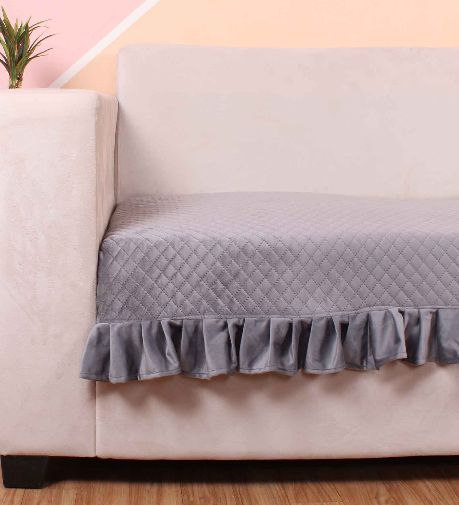 Grey Solid Velvet 1 Seater Quilted Sofa Cover (Protector) with Frill
