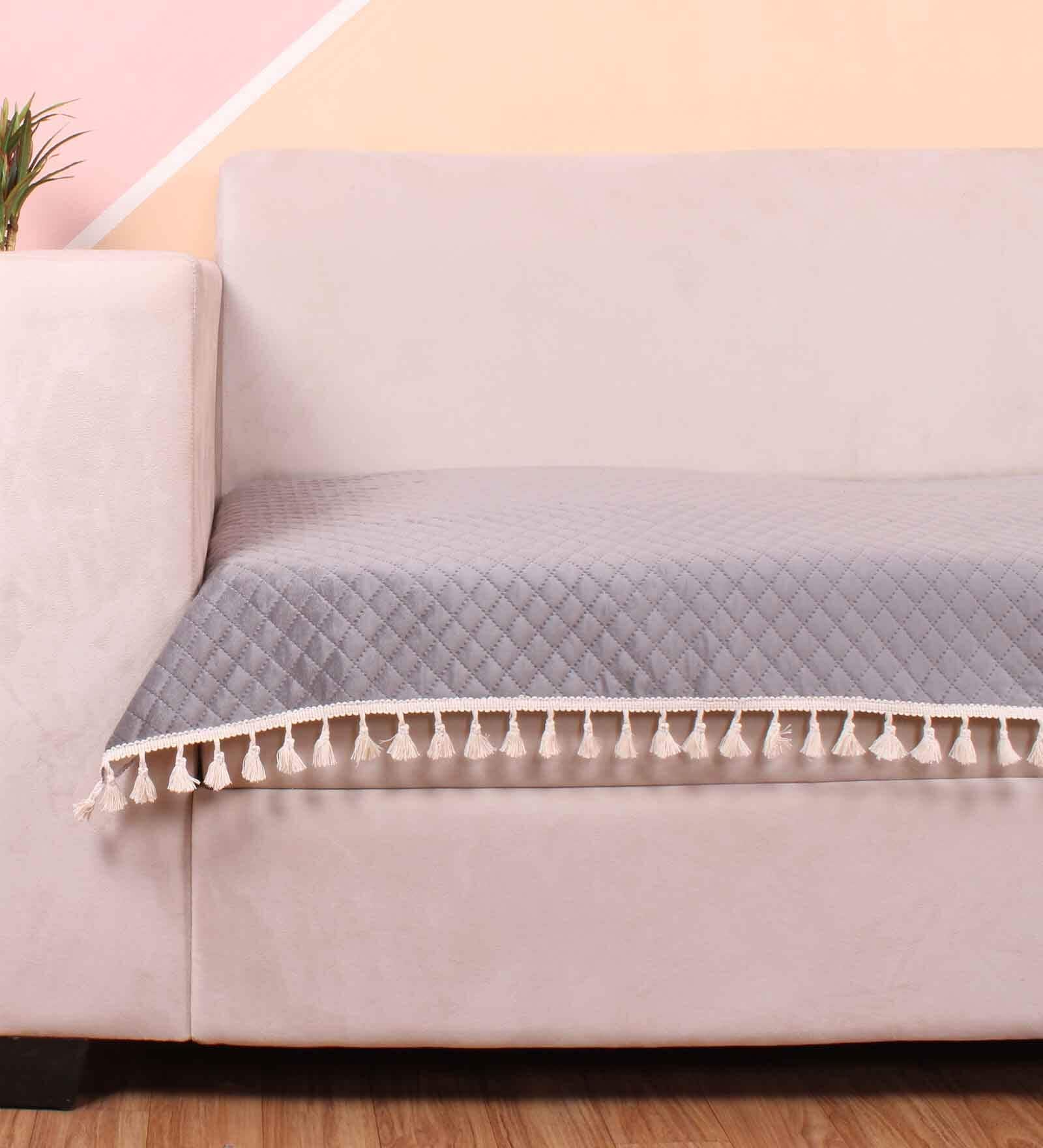 Grey Solid Velvet 1 Seater Quilted Sofa Cover (Protector) with Tassel