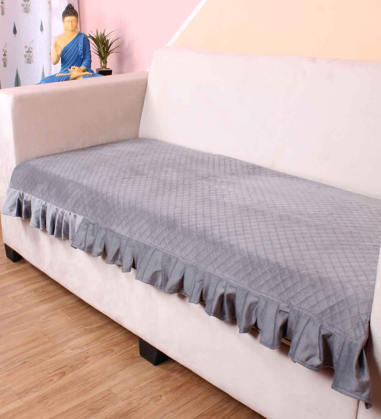 Grey Solid Velvet 2 Seater Quilted Sofa Cover (Protector) with Frill