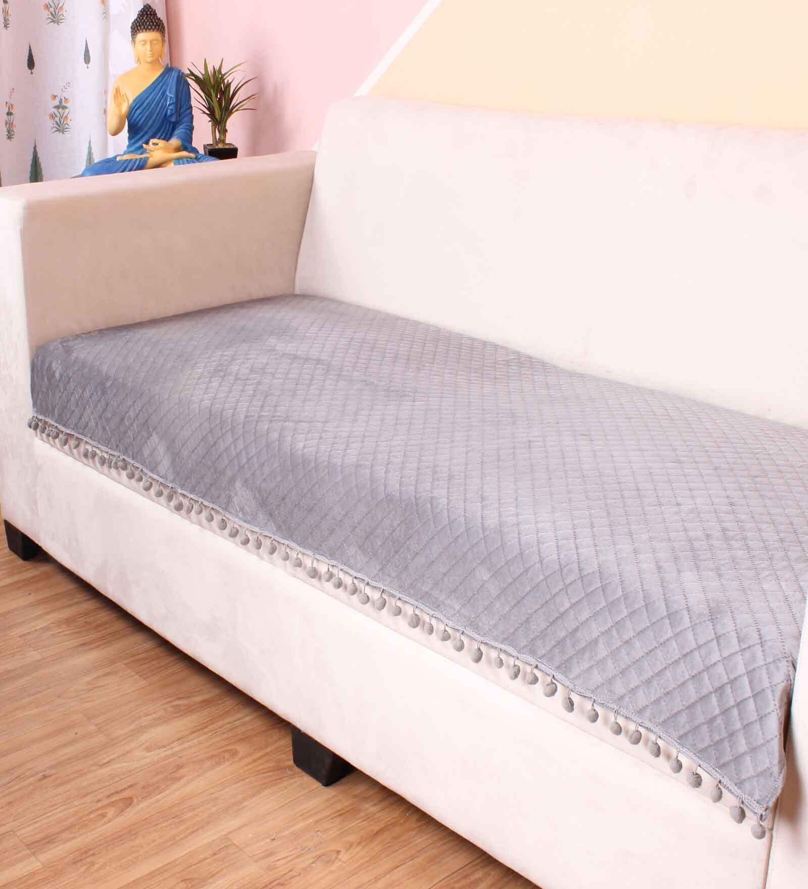 Grey Solid Velvet 2 Seater Quilted Sofa Cover (Protector) with Pompom