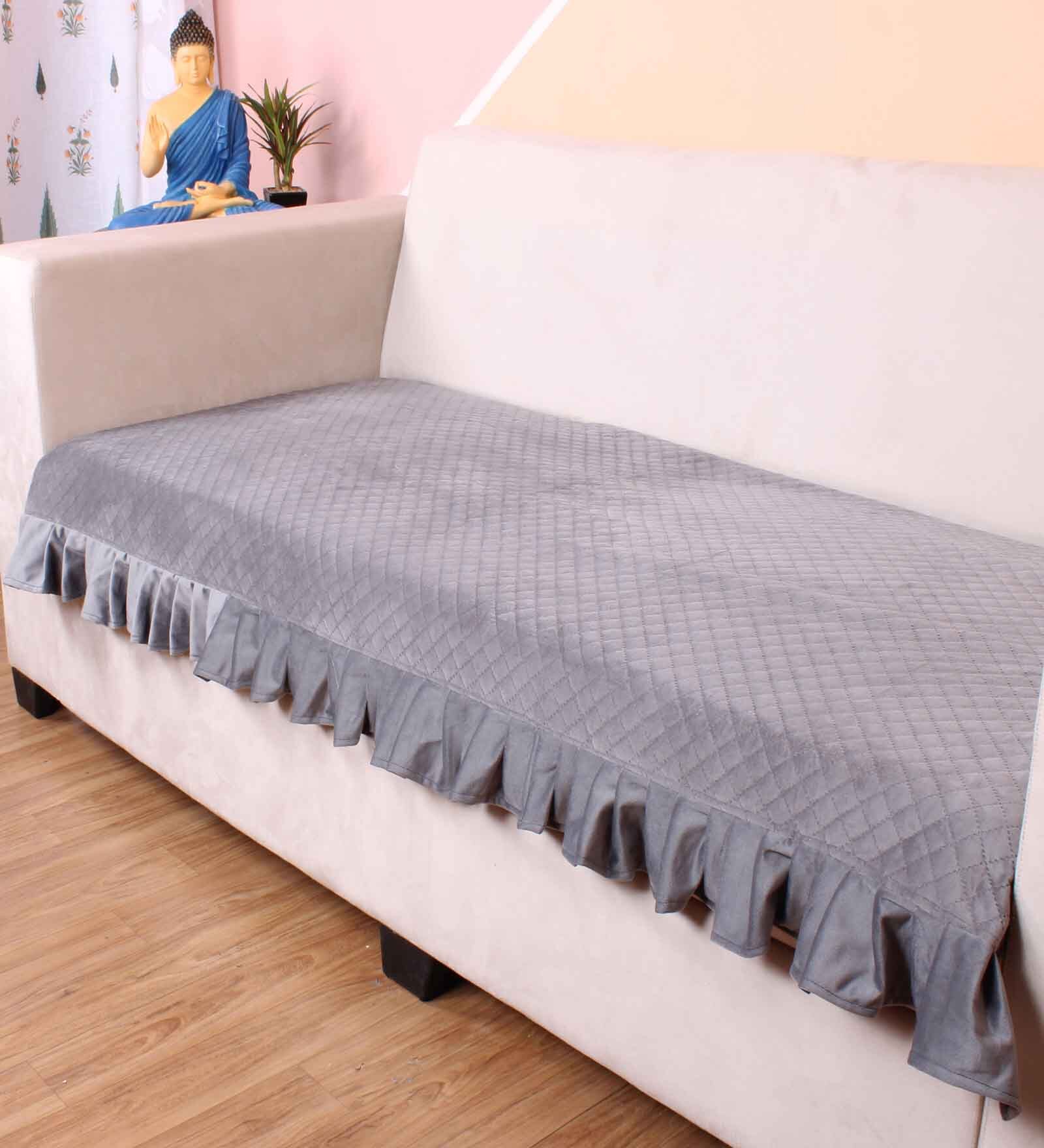 Grey Solid Velvet 3 Seater Quilted Sofa Cover (Protector) with Frill
