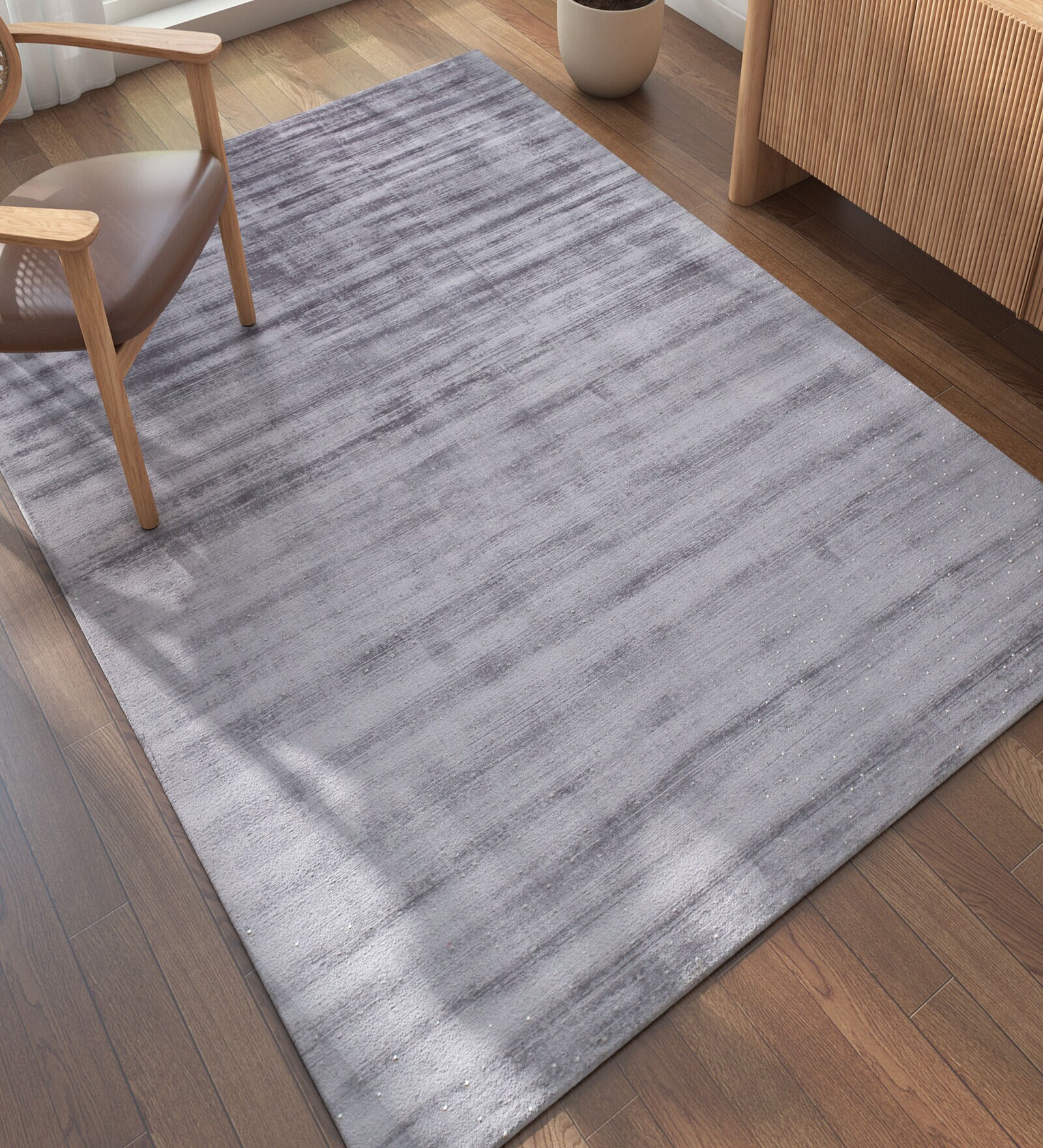 Grey Solid Viscose 5 ft X 8 ft Hand Woven Carpet