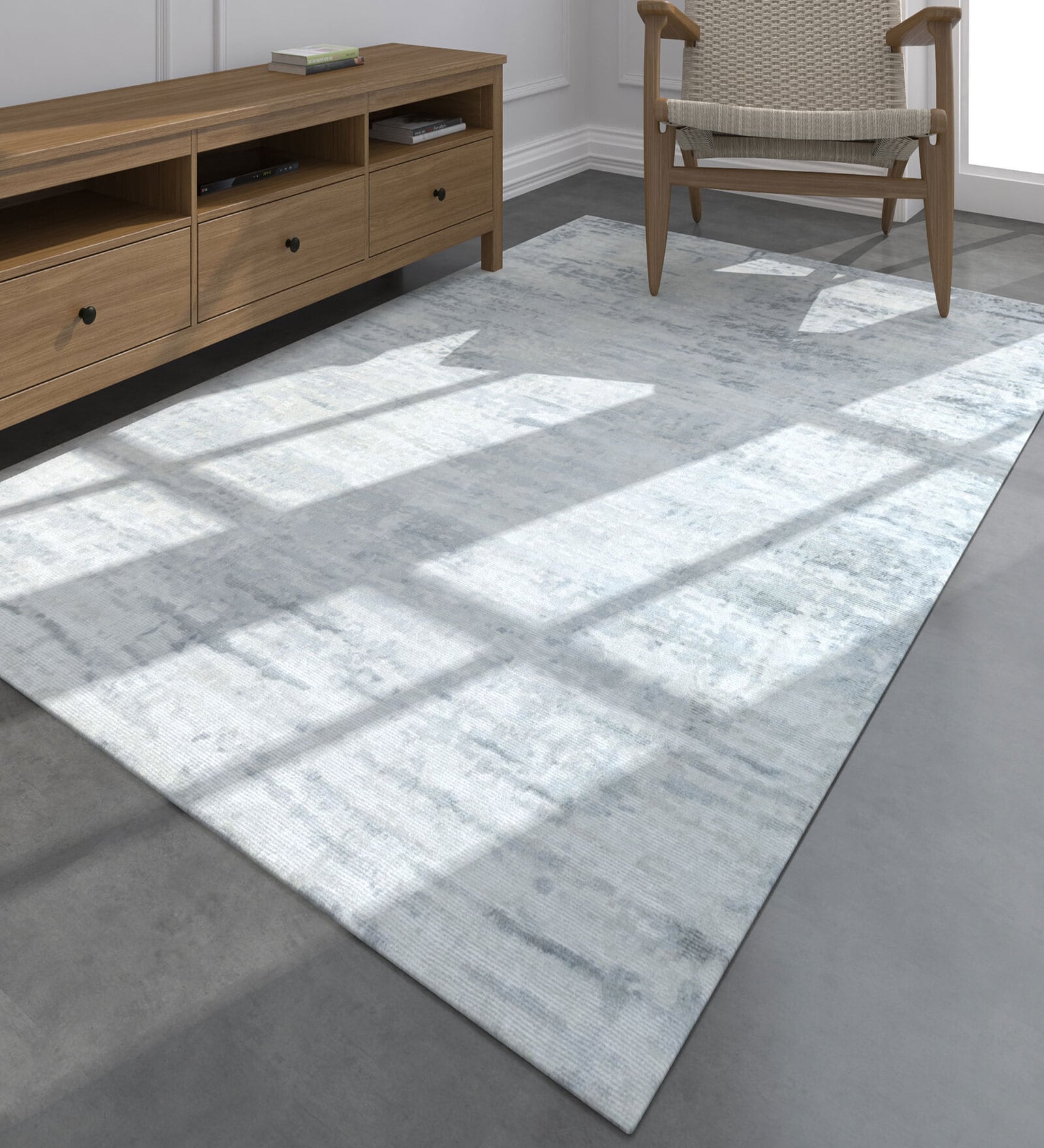 Grey Solid Wool and Viscose 5 ft X 7 ft Hand Woven Carpet