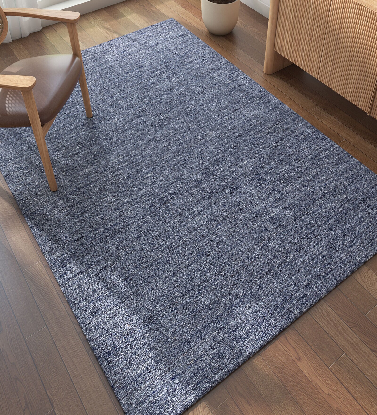 Grey Solid Wool and Viscose 5 ft X 8 ft Hand Woven Carpet
