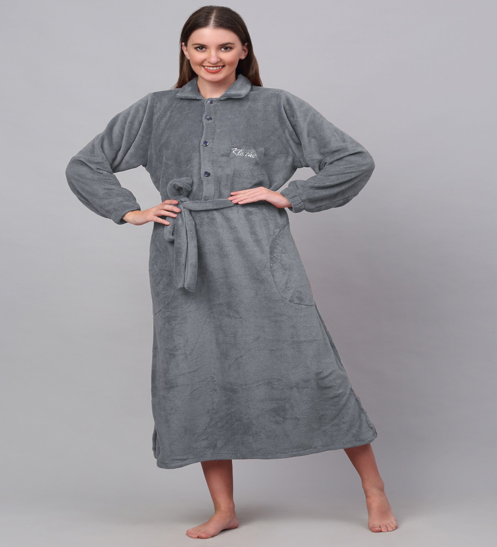 Grey Solid Woolen Women Bath Robe With Belt (L)