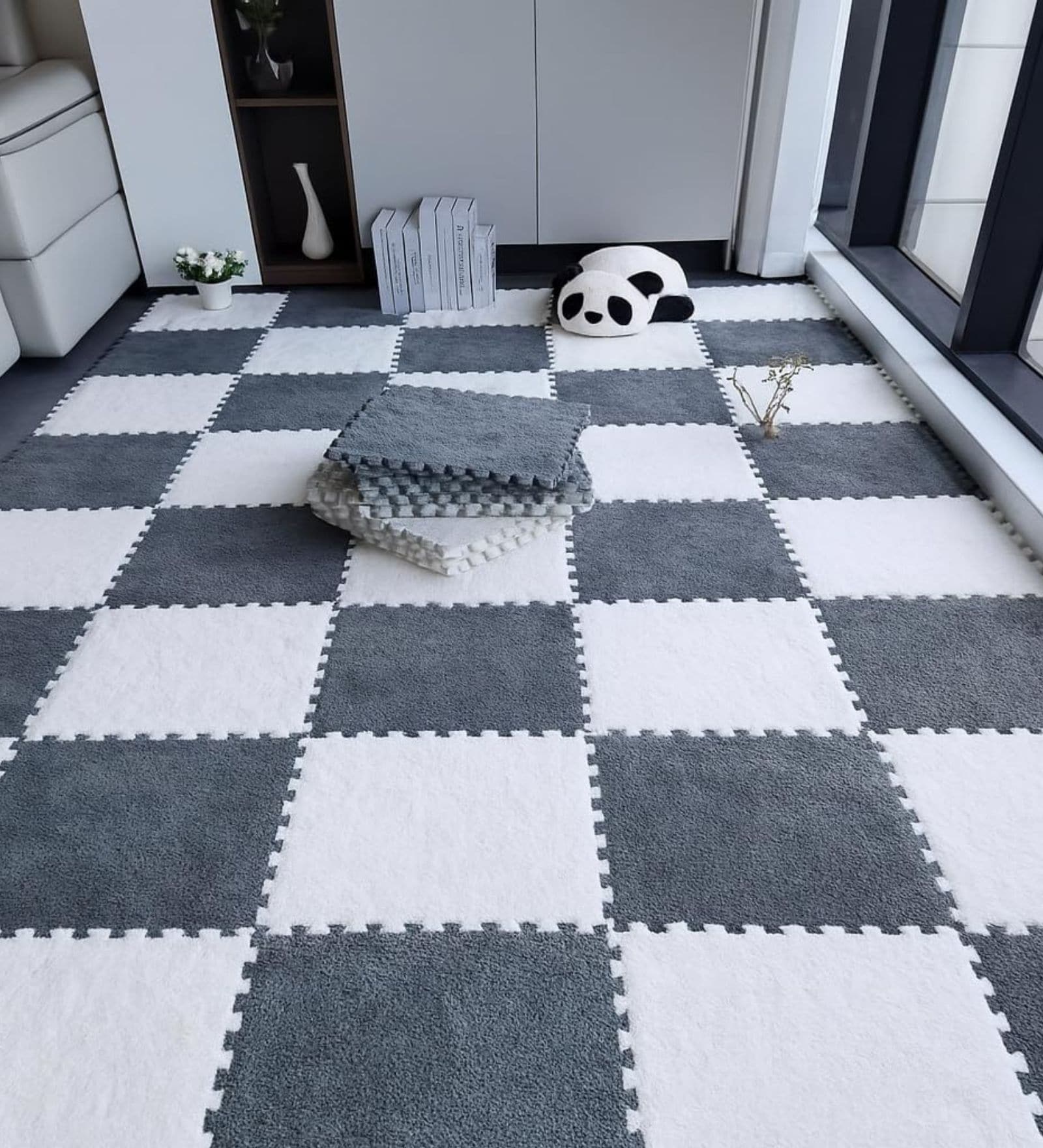 12 Pcs Grey and White Square Plush Puzzle Floor Tiles Kids and Playing Mats