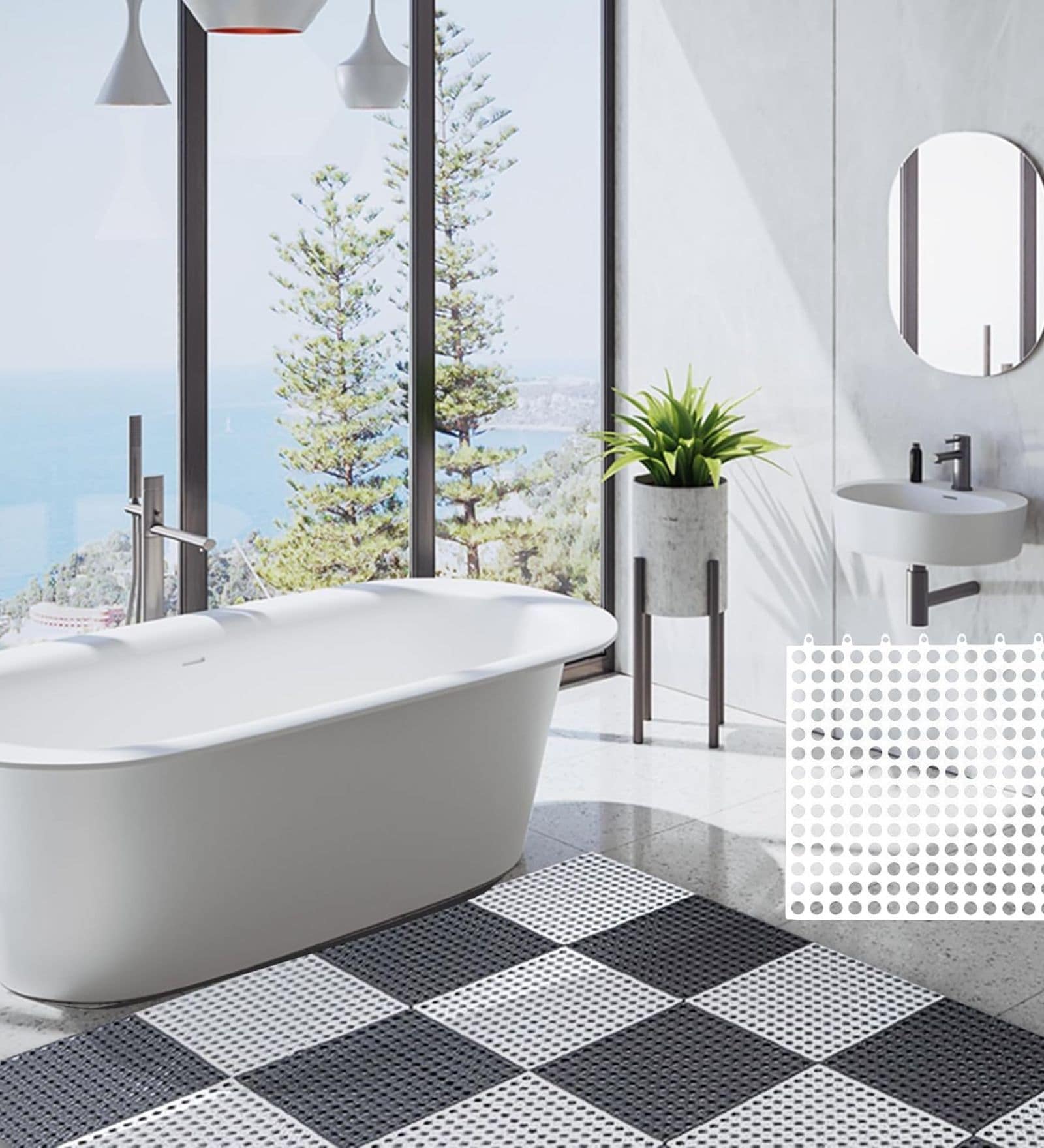 12 Pcs Grey and White PVC Floor Tiles with Drain Holes 12 x 12 Inches Mat