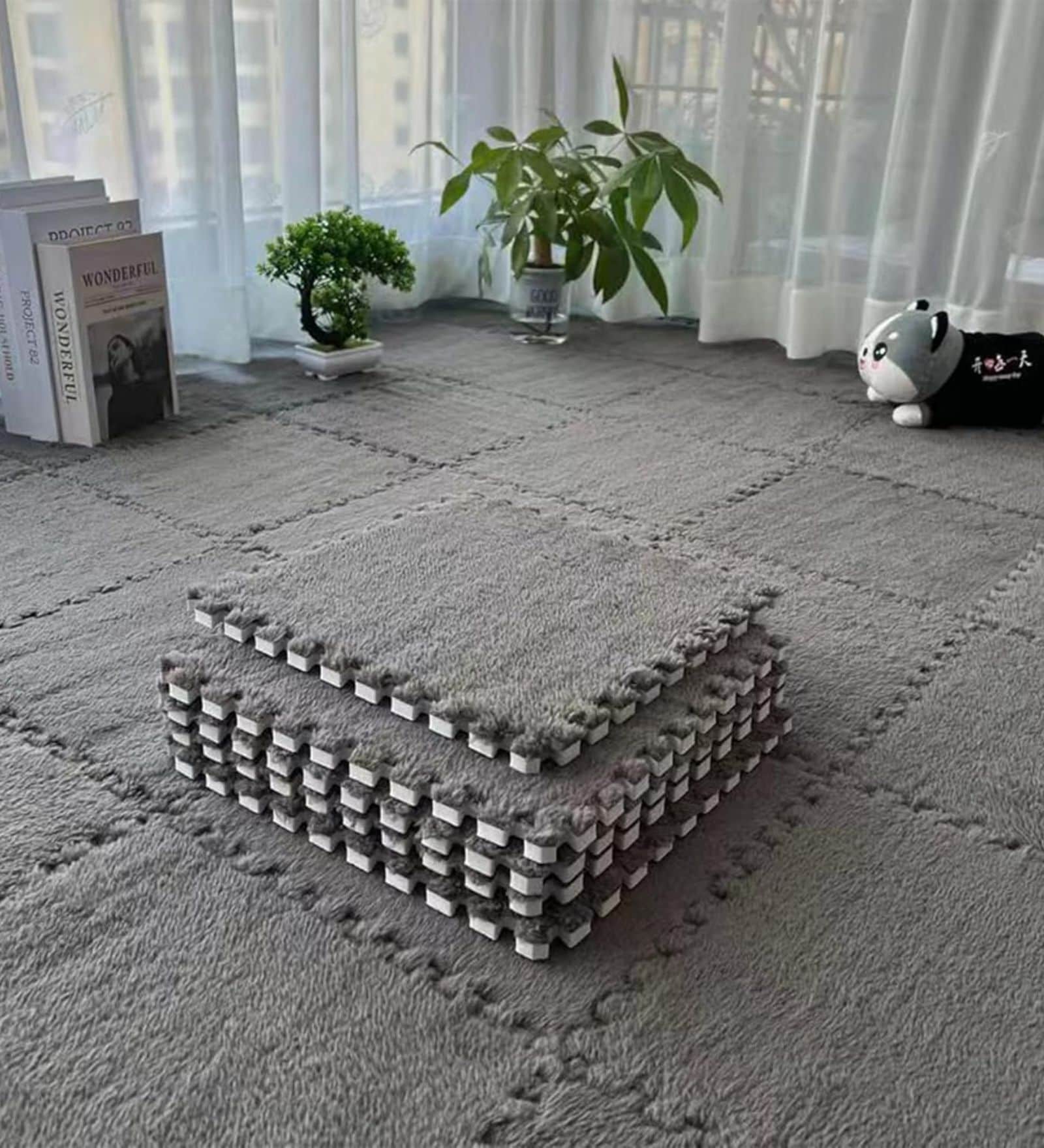 12 Pcs Grey Square Plush Puzzle Floor Tiles Kids and Playing Mats