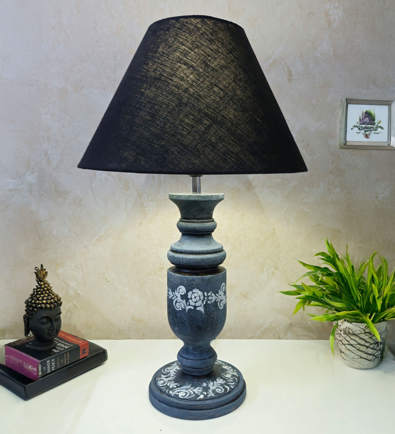 Grey Stone Finish Handpainted and hancarved Distress wooden Table lamp in Vaase handcarved design with handpainted fabric shade
