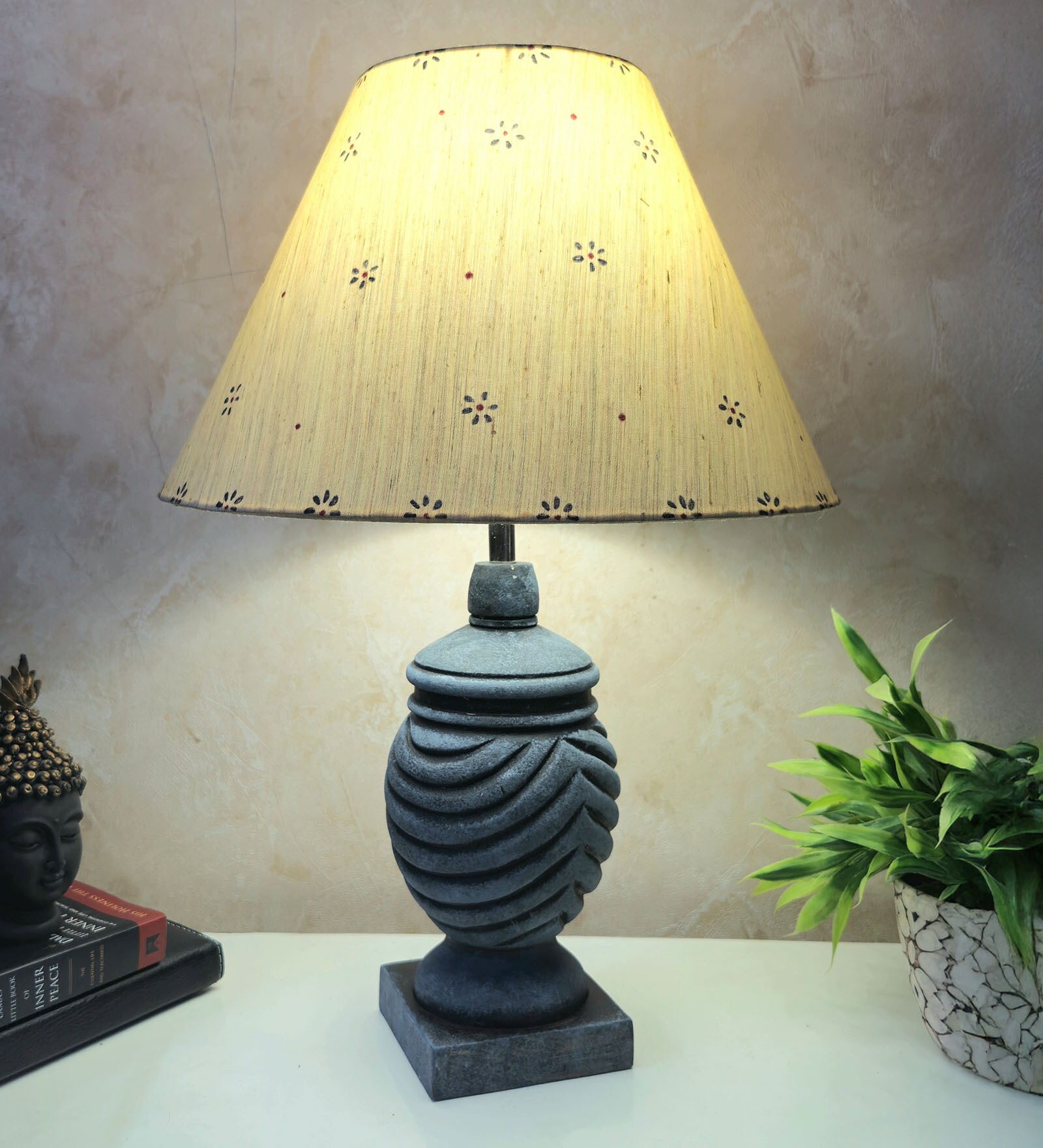 Grey Stone Finish Handpainted and hancarved Distress wooden Table lamp in Vaase handcarved design with handpainted fabric shade