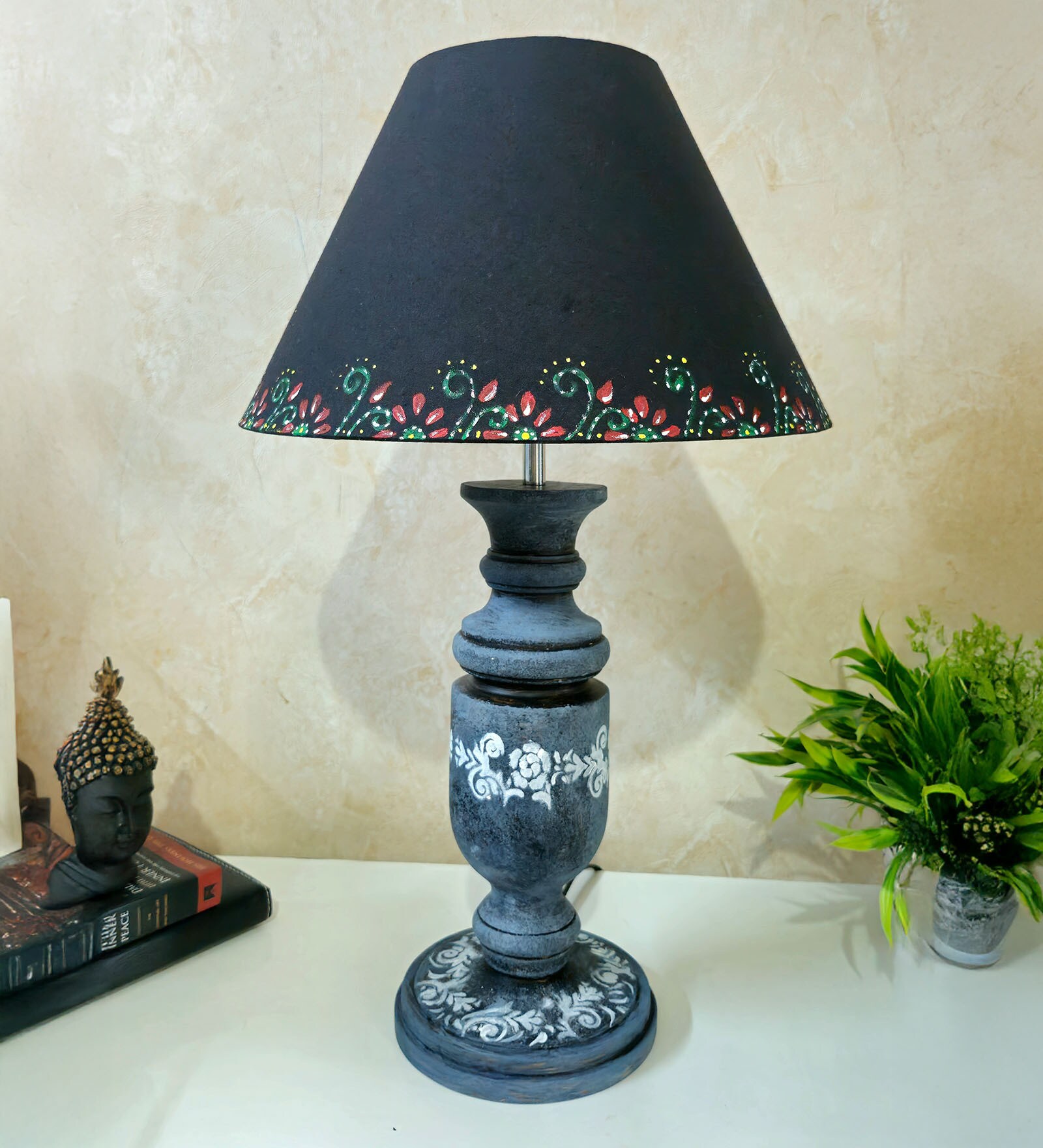 Grey Stone Finish Handpainted and hancarved Distress wooden Table lamp in Vaase handcarved design with handpainted fabric shade
