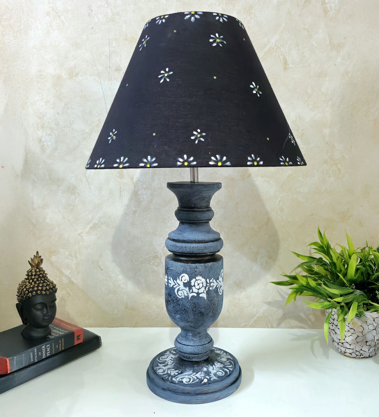 Grey Stone Finish Handpainted and hancarved Distress wooden Table lamp in Vaase handcarved design with handpainted fabric shade