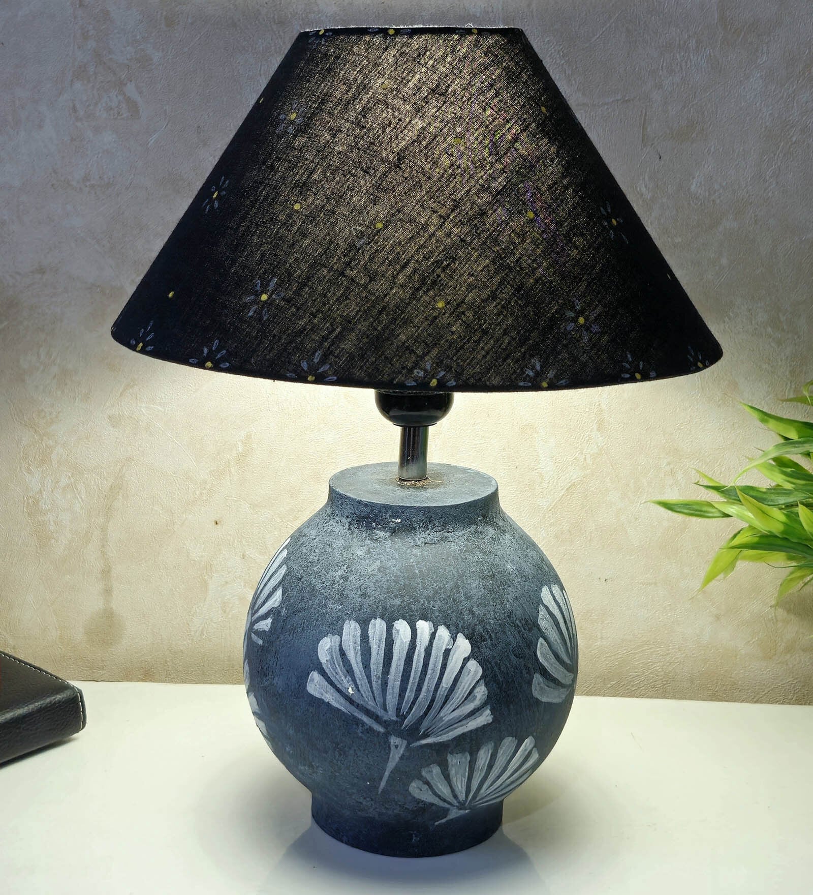 Grey Stone Finish Handpainted and hancarved Distress wooden Table lamp in Vaase handcarved design with handpainted fabric shade