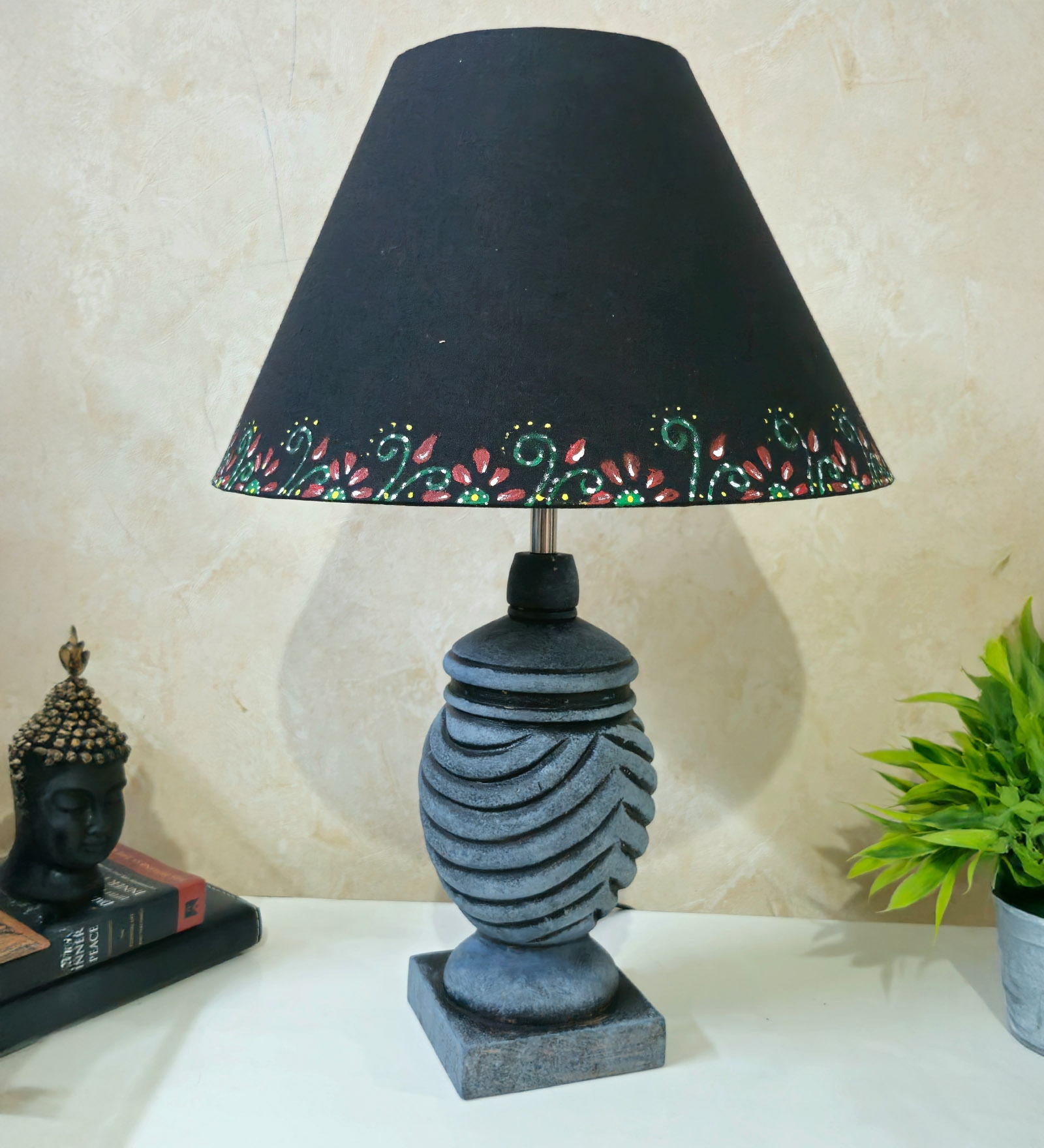 Grey Stone Finish Handpainted and hancarved Distress wooden Table lamp in Vaase handcarved design with handpainted fabric shade