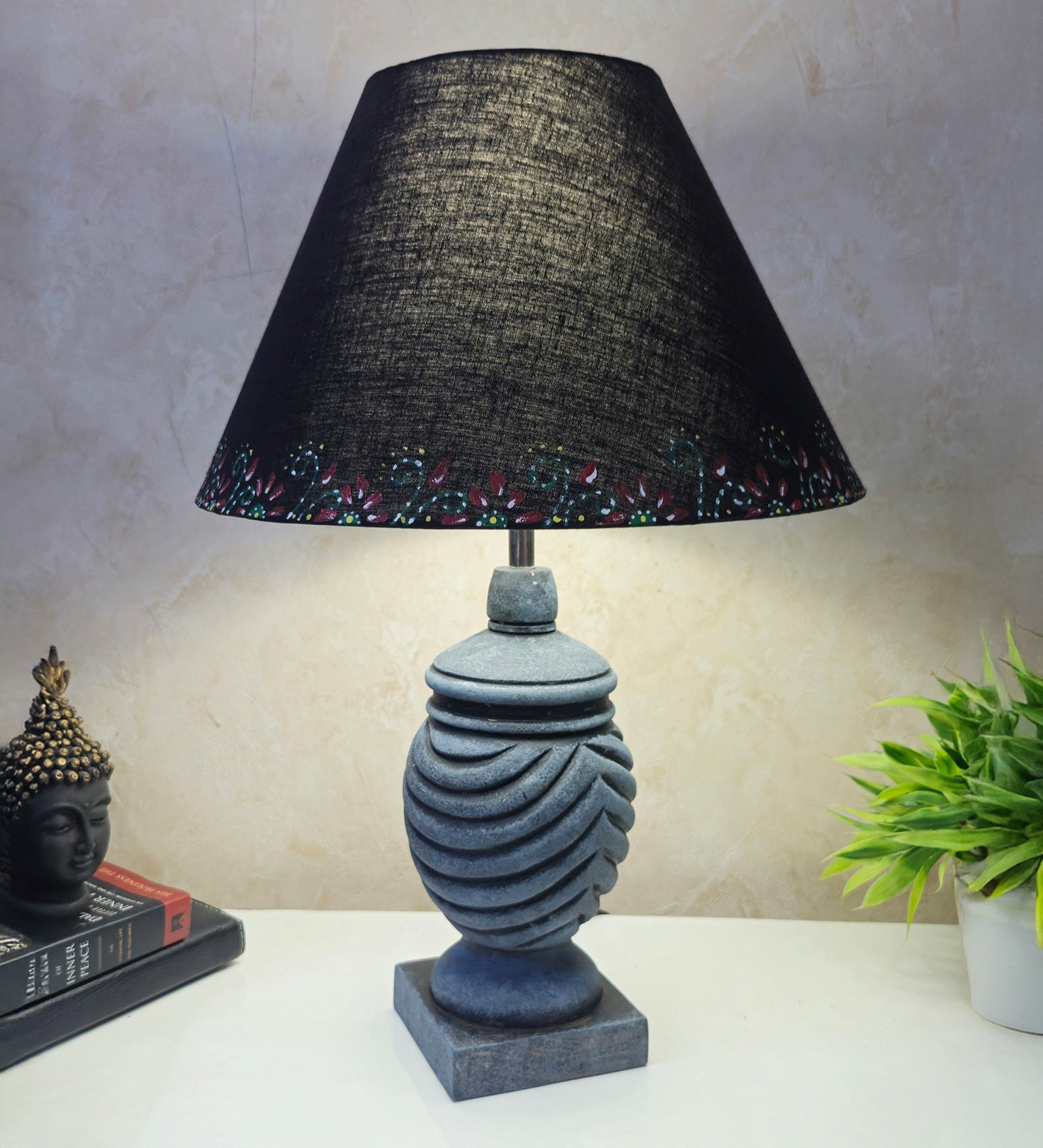 Grey Stone Finish Handpainted and hancarved Distress wooden Table lamp in Vaase handcarved design with handpainted fabric shade
