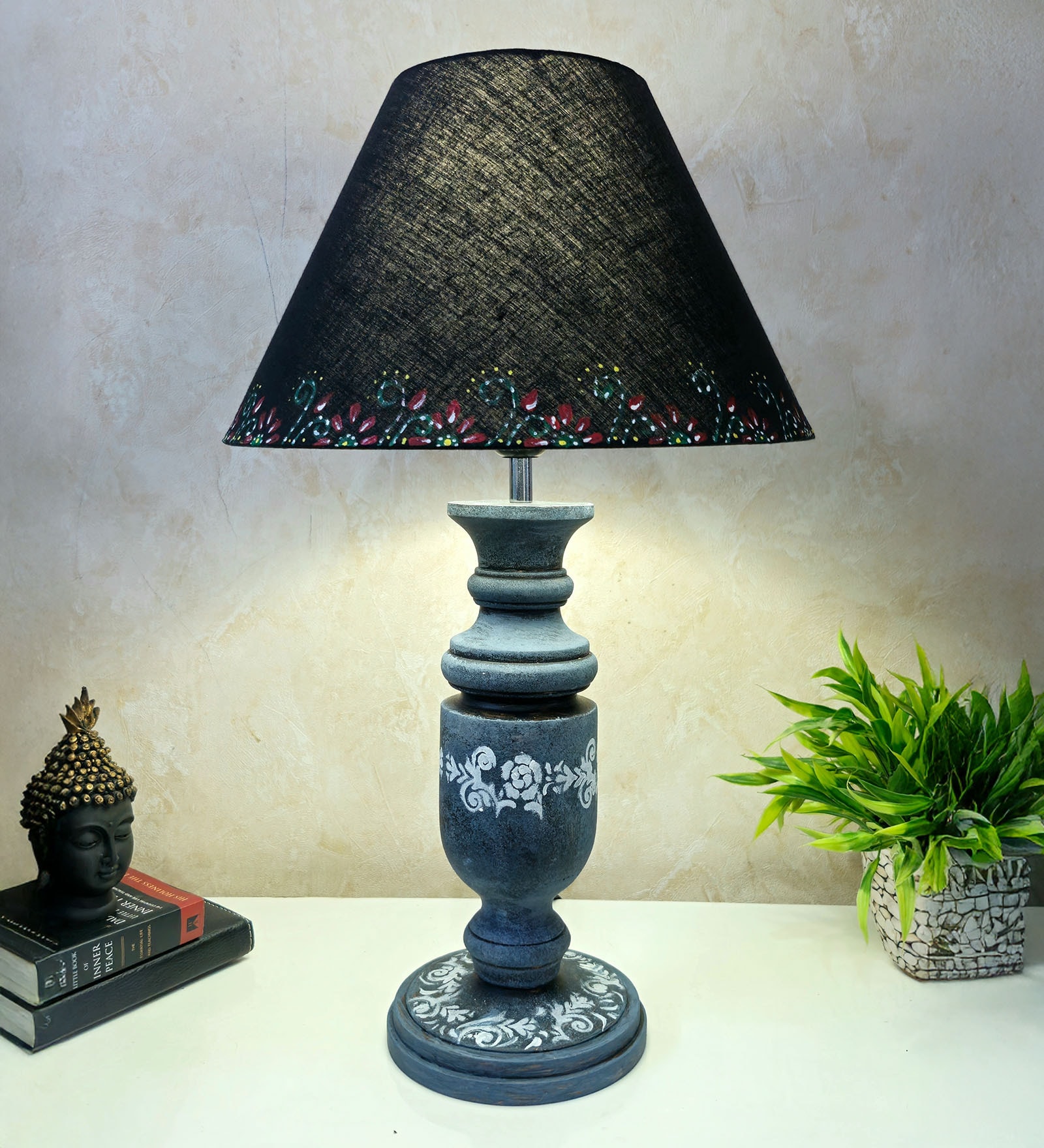 Grey Stone Finish Handpainted and hancarved Distress wooden Table lamp in Vaase handcarved design with handpainted fabric shade