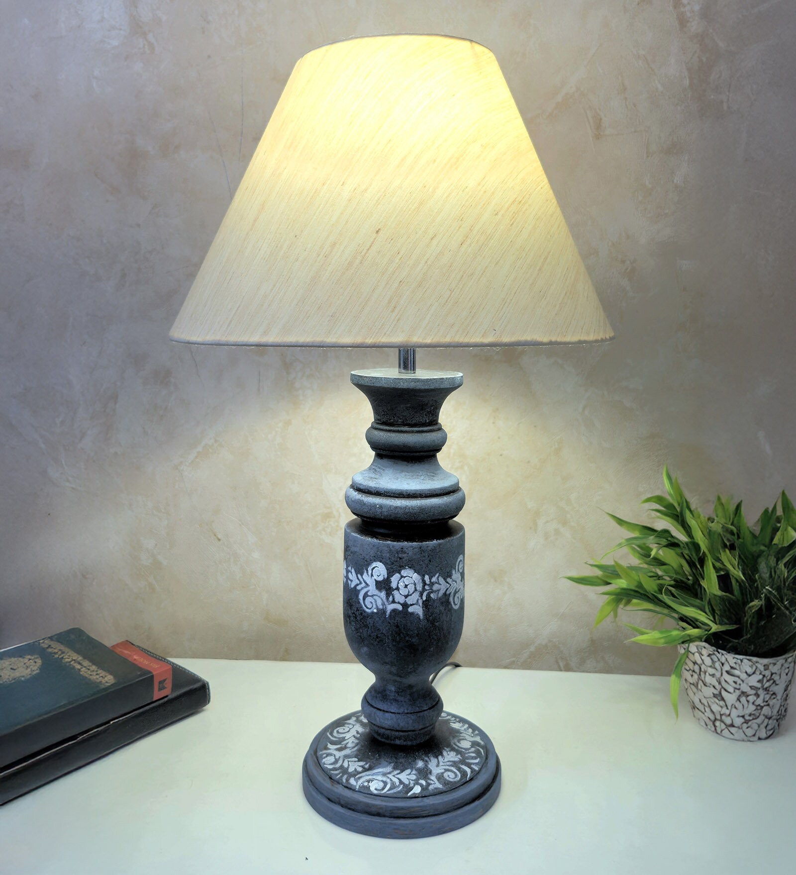 Grey Stone Finish Handpainted and hancarved Distress wooden Table lamp in Vaase handcarved design with handpainted fabric shade