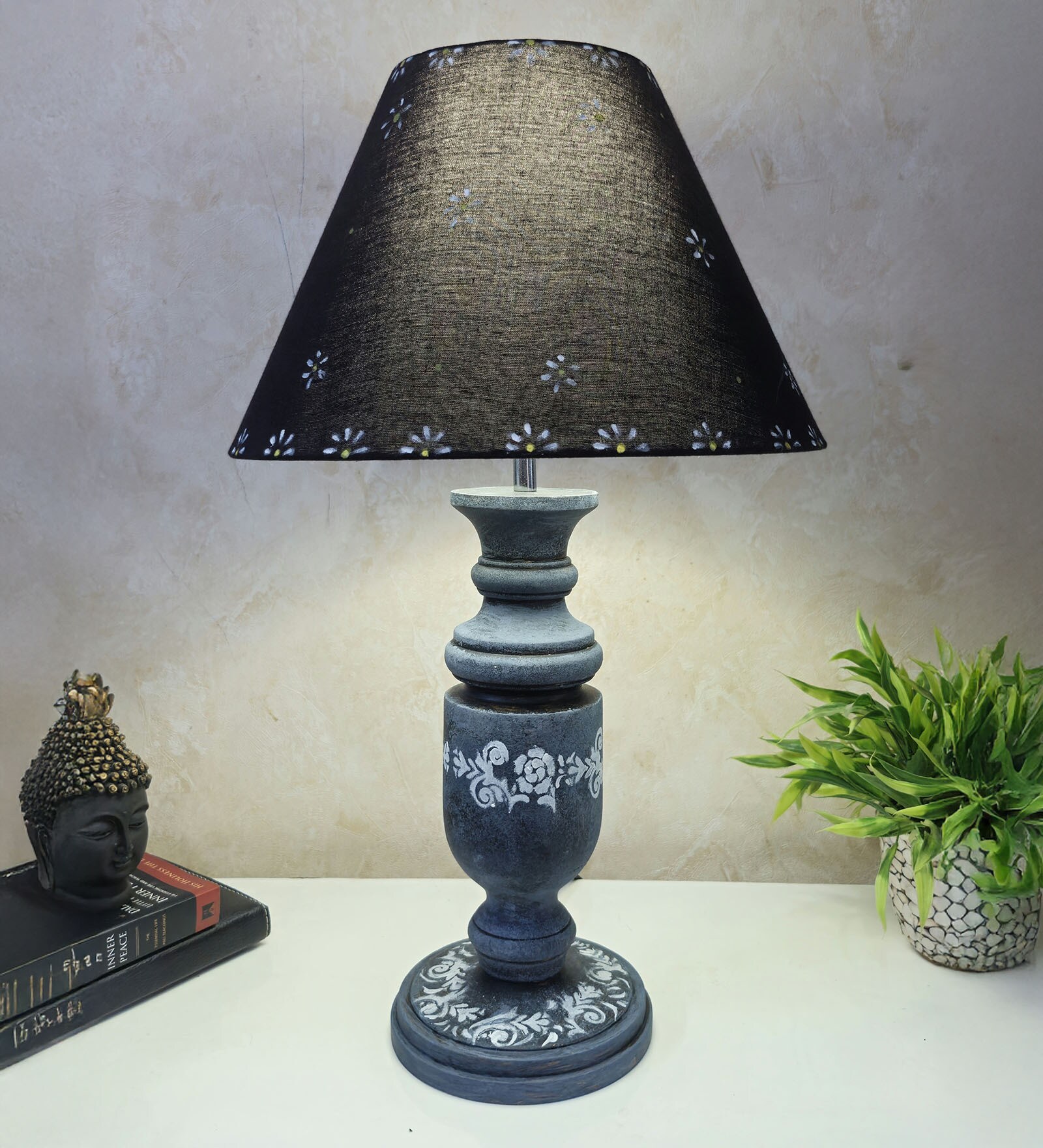 Grey Stone Finish Handpainted and hancarved Distress wooden Table lamp in Vaase handcarved design with handpainted fabric shade