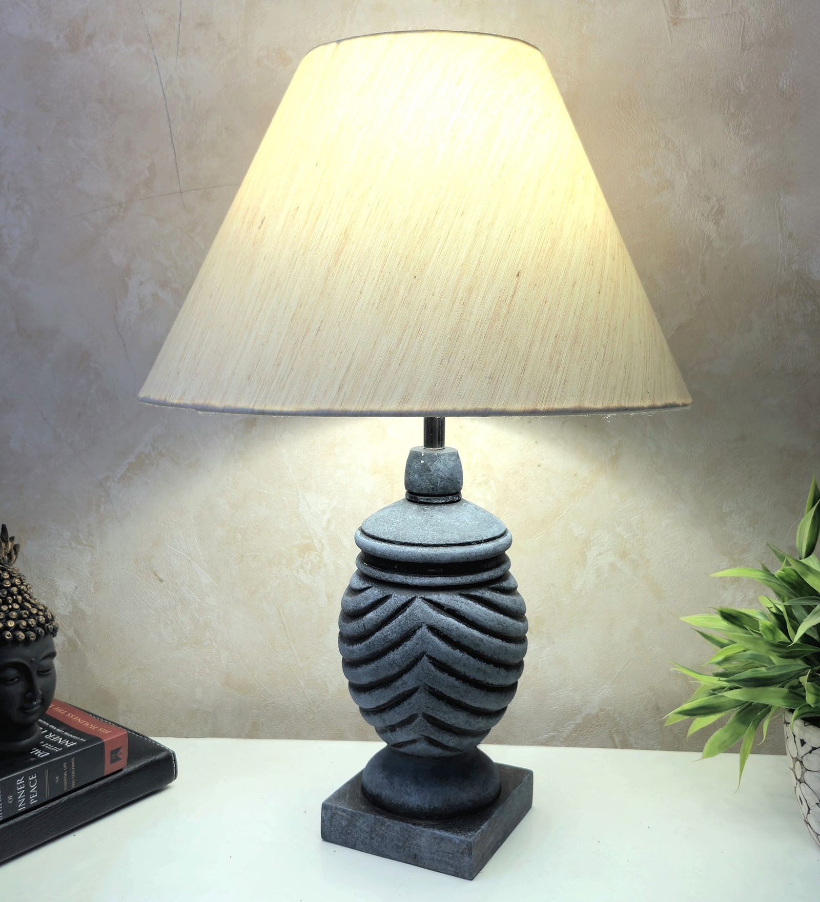 Grey Stone Finish Handpainted and hancarved Distress wooden Table lamp in Vaase handcarved design with handpainted fabric shade