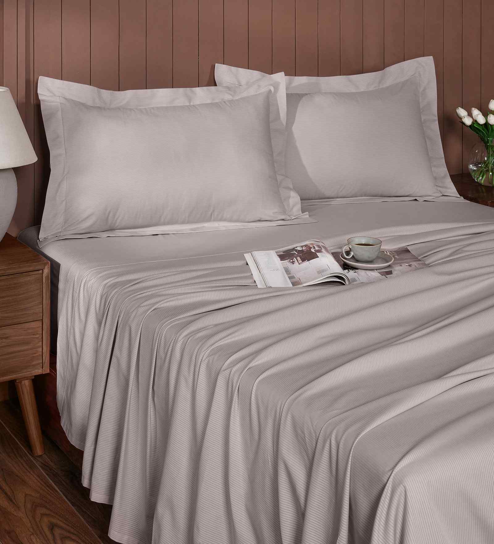 Grey Stripe 200 TC Cotton King Size Bed Sheet with 2 Pillow Covers 24 Collection