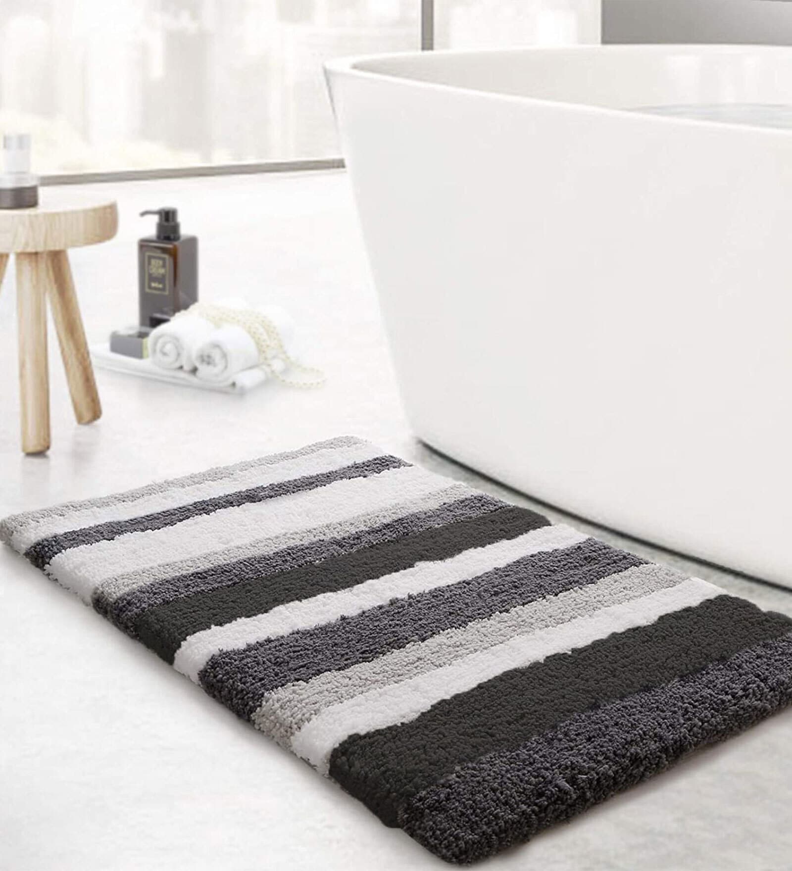 Grey Stripe Microfibre 30x18 Inches AntiSkid Bath Mat