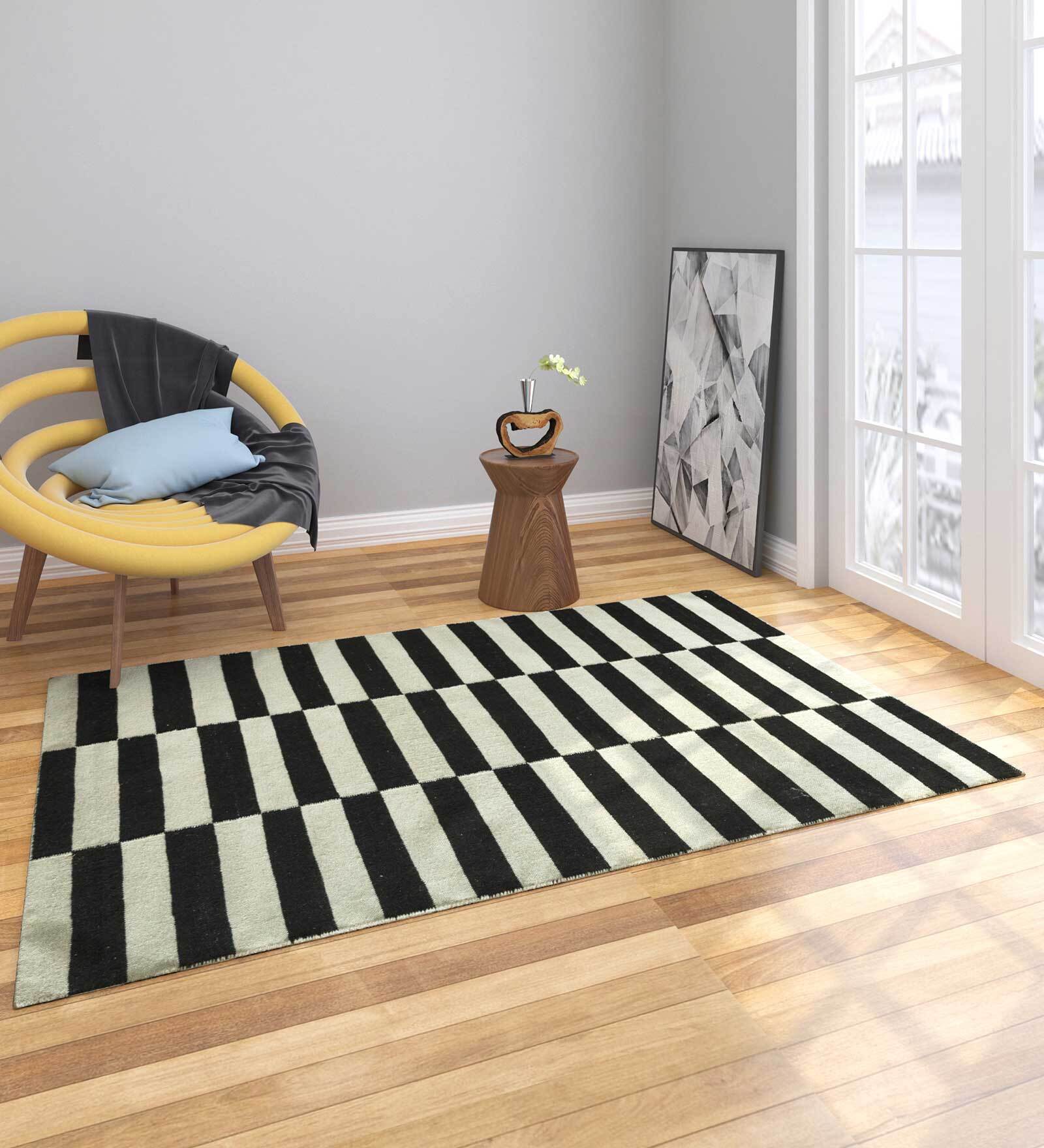 Black Stripe Wool 9 X 12 Ft Flat Weave Dhurrie