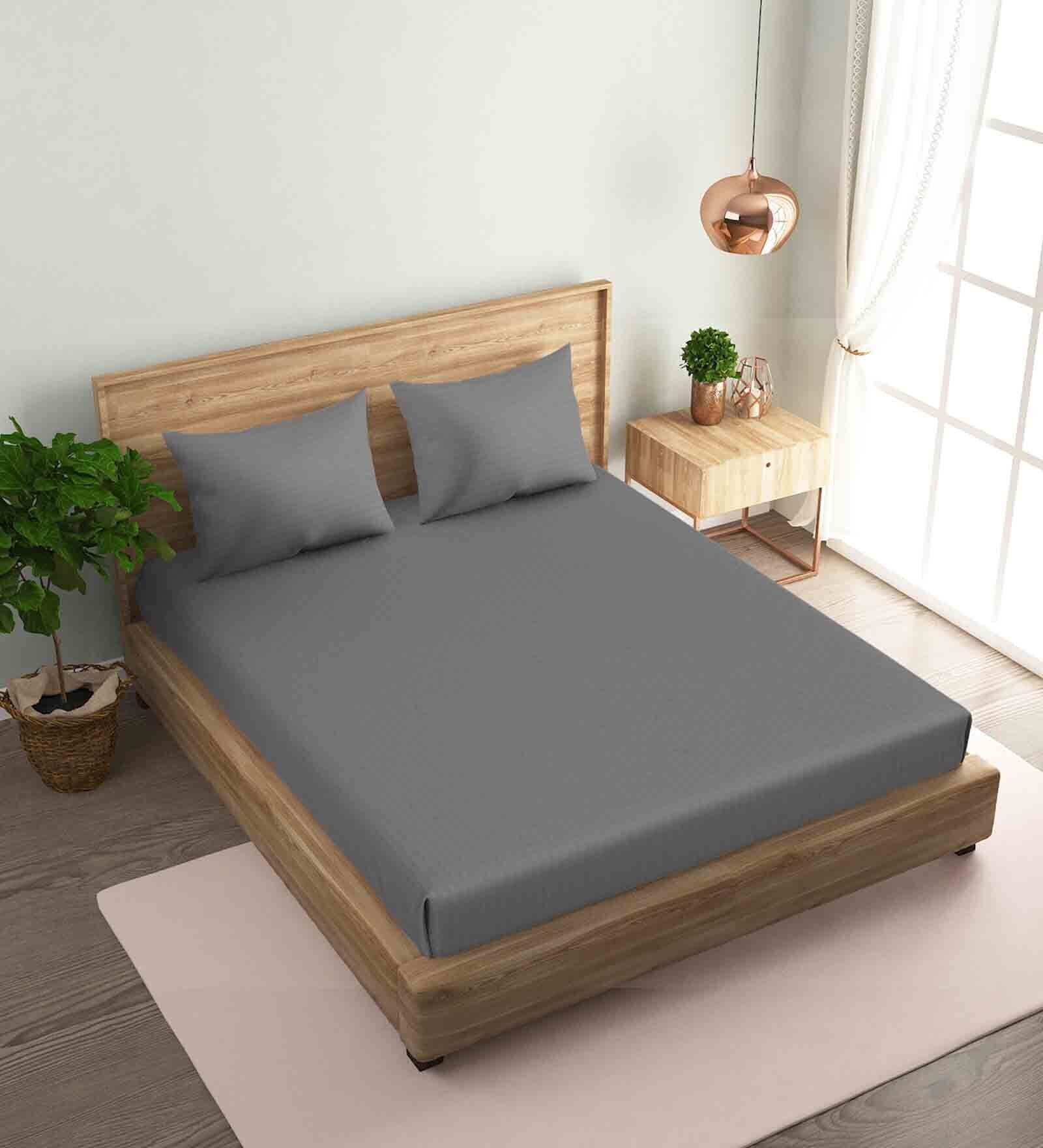 Grey Striped 210 TC Satin King Sized Bed Sheets with 2 Pillow Covers